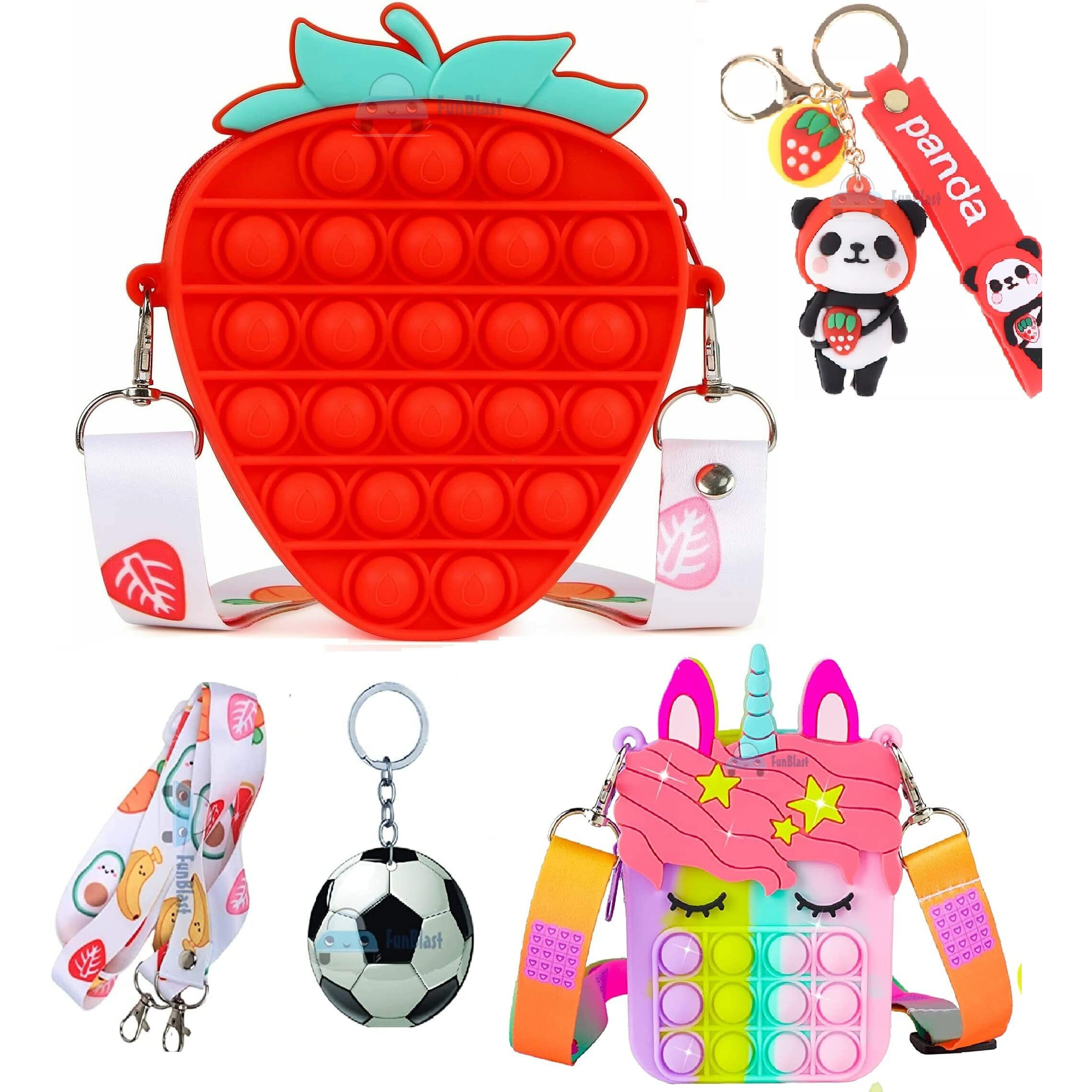 Funblast Combo Of Fidget Popit Shoulder Bag With Keychain & Sling Bag For Kids Pop It - Coin Pouch, Stationary Organizer Set / Birthday Return Gifts For Girls, Kids (Pack Of 2 Random Color)
