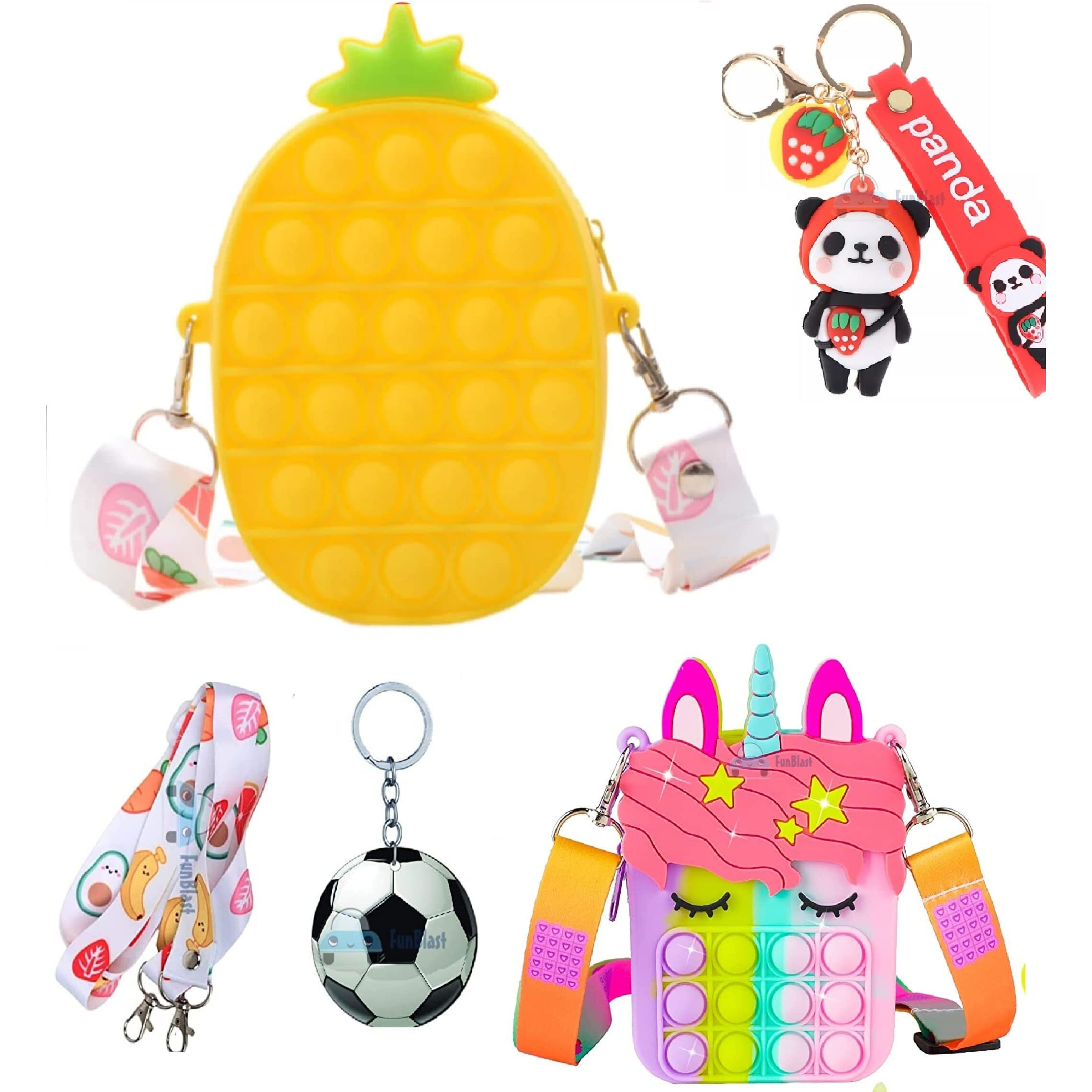 Funblast Combo Of Fidget Popit Shoulder Bag With Keychain & Sling Bag For Kids Pop It - Coin Pouch, Stationary Organizer Set / Birthday Return Gifts For Girls, Kids (Pack Of 2 Random Color)