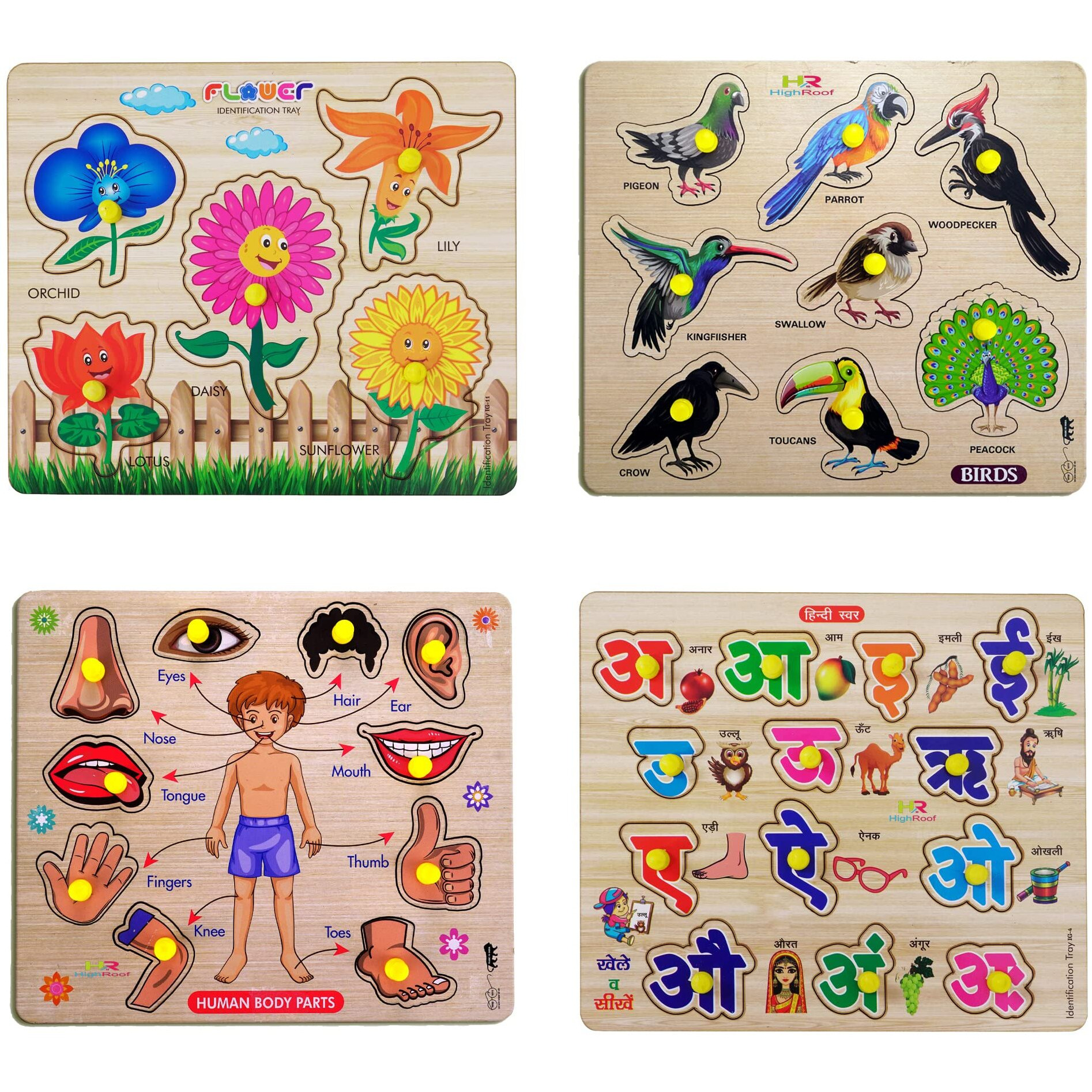 Highroof Kids Fort Pre Nursery Educational Jigsaw Puzzles For Adults Kids Learning Toys Kit Board Game 4 Pcs Set Of Flower Birds Human Body Parts & Hindi Letters Educational Toy