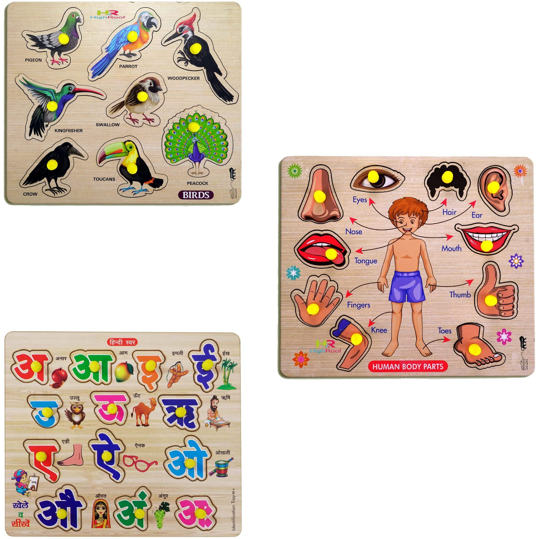 Highroof Kids Fort Pre Nursery Educational Jigsaw Puzzles For Adults Kids Learning Toys Kit Board Game 3 Pcs Set Of Birds Human Body Parts & Hindi Letters Educational Toy