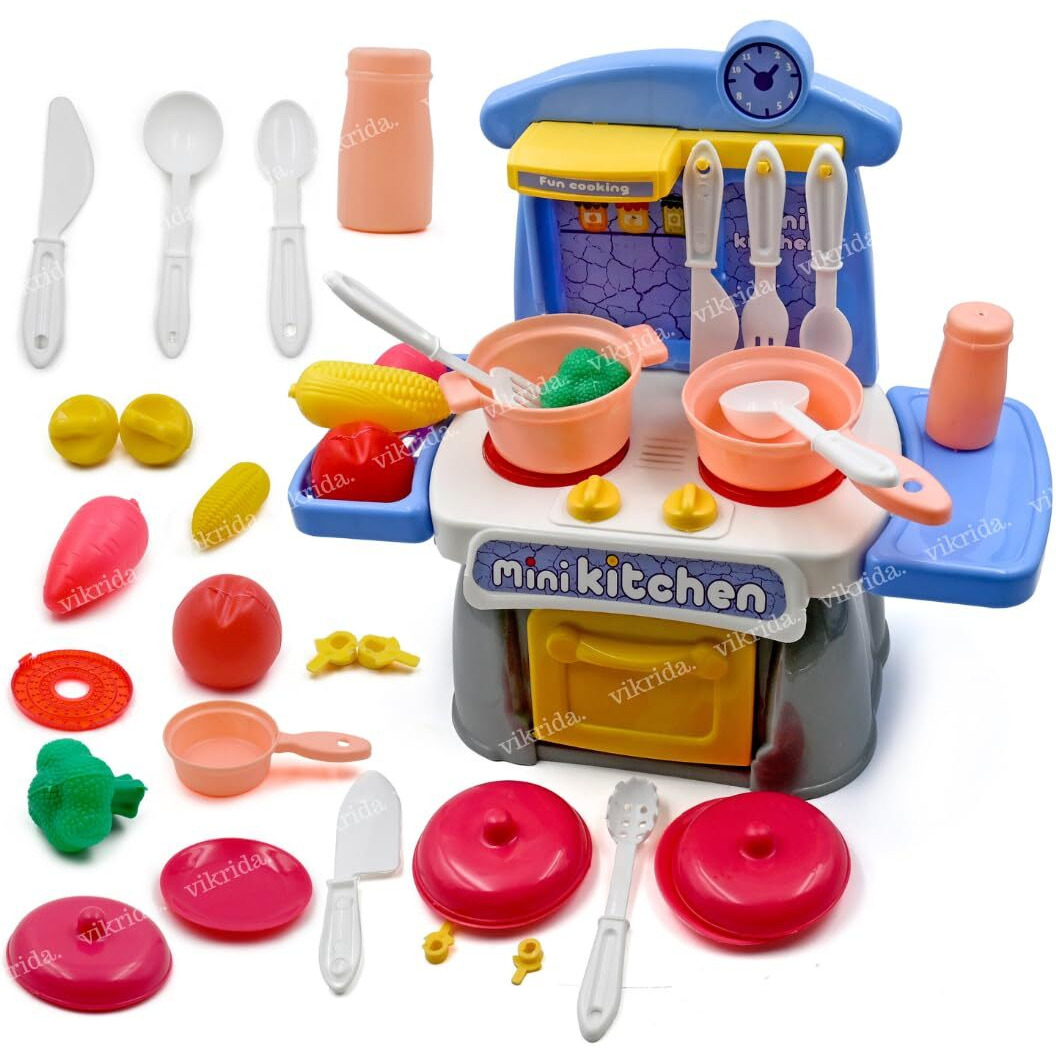Vikrida Kitchen Play Set With 26 Pcs Accessories - Plastic Little Chef Mini Cooking Kitchen Play Set