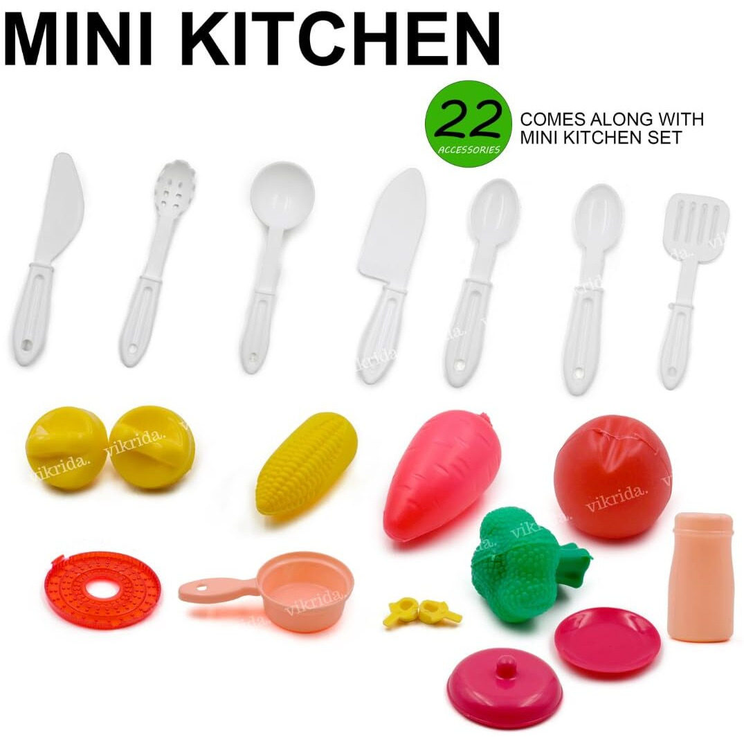 Vikrida Kitchen Play Set With 26 Pcs Accessories - Plastic Little Chef Mini Cooking Kitchen Play Set