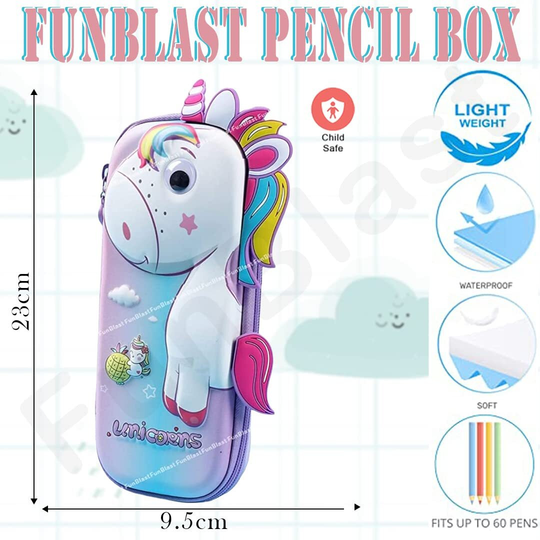 Funblast Unicorn Pencil Case For Kids  Pencil Pouches For Girls, 3D Hardtop Eva Multipurpose Zipper Pen & Pencil Case, Stationary Organizer For Kids, Birthday Return Gift For Kids - Multicolor