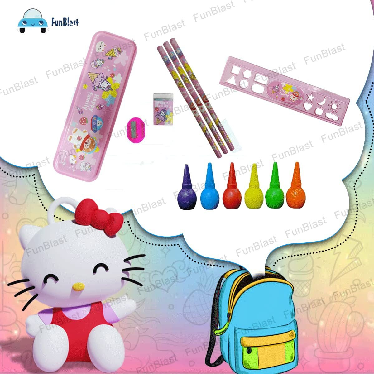Funblast Stationery Kit For Kids  Happy Family Stationery Box Pencil Pen Eraser Sharpener And Cartoon Pencil Box- Stationary Kit Set For Boys And Girls, Birthday Return Gift For Kids (Multicolor)
