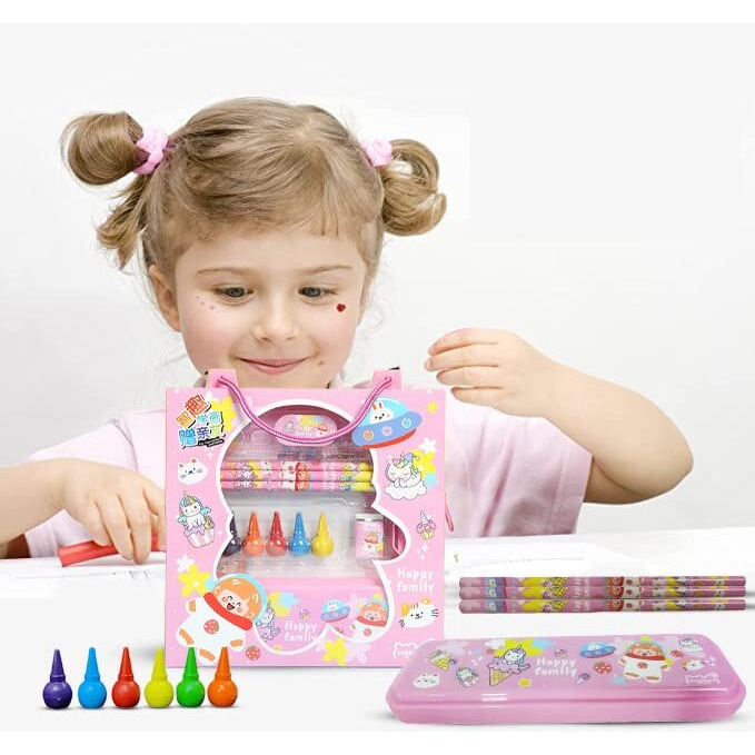 Funblast Stationery Kit For Kids  Happy Family Stationery Box Pencil Pen Eraser Sharpener And Cartoon Pencil Box- Stationary Kit Set For Boys And Girls, Birthday Return Gift For Kids (Multicolor)