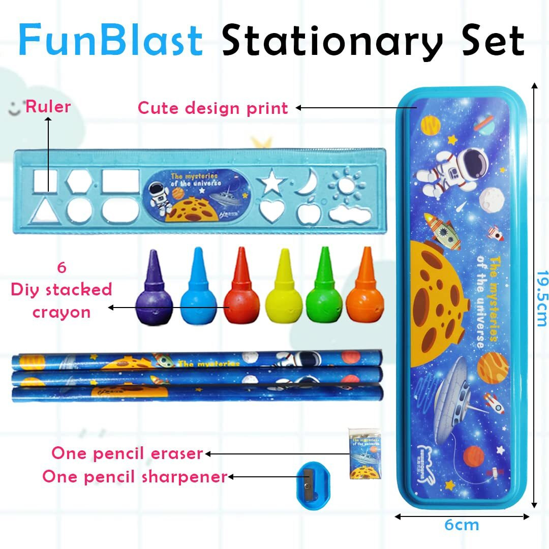 Funblast Stationery Kit Space Universe Theme Stationery Box Pencil Pen Eraser Sharpener And Cartoon Pencil Box- Stationary Kit Set For Boys And Girls, Birthday Return Gift For Kids (Multicolor)