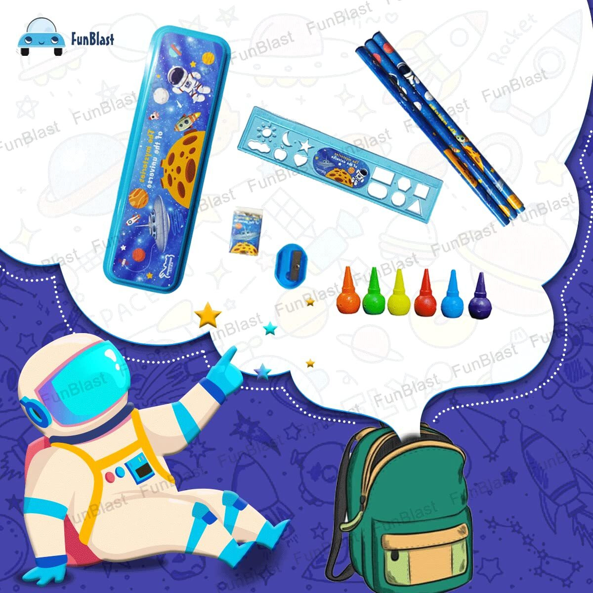 Funblast Stationery Kit Space Universe Theme Stationery Box Pencil Pen Eraser Sharpener And Cartoon Pencil Box- Stationary Kit Set For Boys And Girls, Birthday Return Gift For Kids (Multicolor)