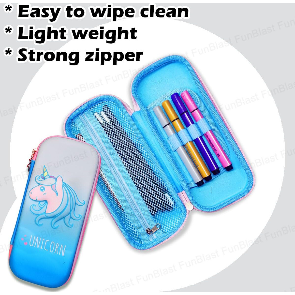 Funblast Pencil Case For Kids, Cartoon Design Zipper Pencil For School Girls, Boys, Stationary Pouch For Students School Supplies, Birthday Return Gifts For Kids (Unicorn-Blue)