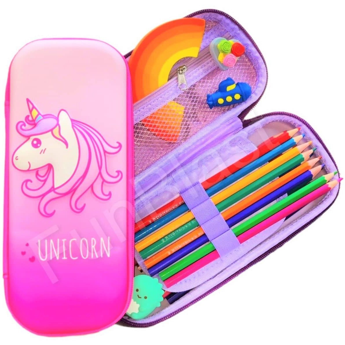 Funblast Pencil Case For Kids, Cartoon Design Zipper Pencil For School Girls, Boys, Stationary Pouch For Students School Supplies, Birthday Return Gifts For Kids (Unicorn-Pink)
