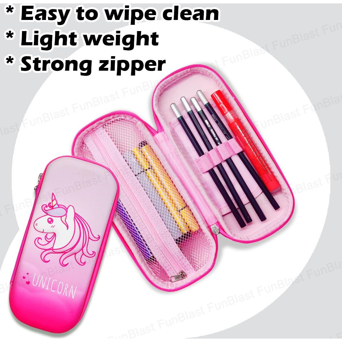Funblast Pencil Case For Kids, Cartoon Design Zipper Pencil For School Girls, Boys, Stationary Pouch For Students School Supplies, Birthday Return Gifts For Kids (Unicorn-Pink)