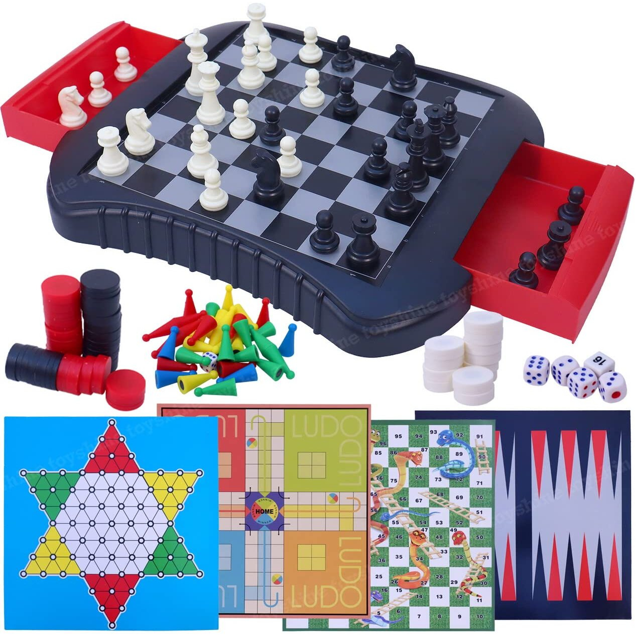 Toyshine 6 In 1 Game Set For Kid And Adults, Magnetic Board With Side Storage Drawers | Chess, Ludo, Checkers, Backagammon, Snakes And Ladders