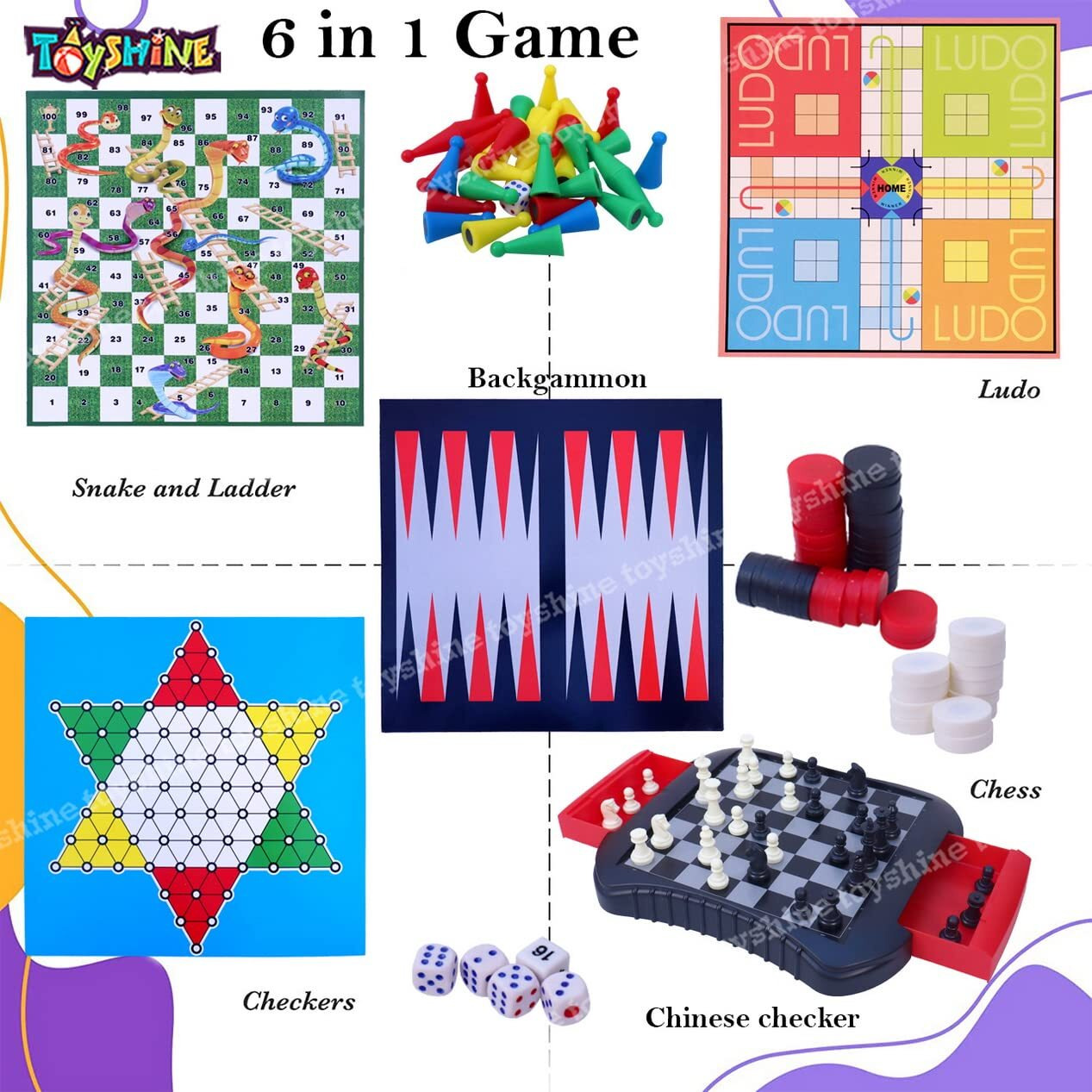 Toyshine 6 In 1 Game Set For Kid And Adults, Magnetic Board With Side Storage Drawers | Chess, Ludo, Checkers, Backagammon, Snakes And Ladders