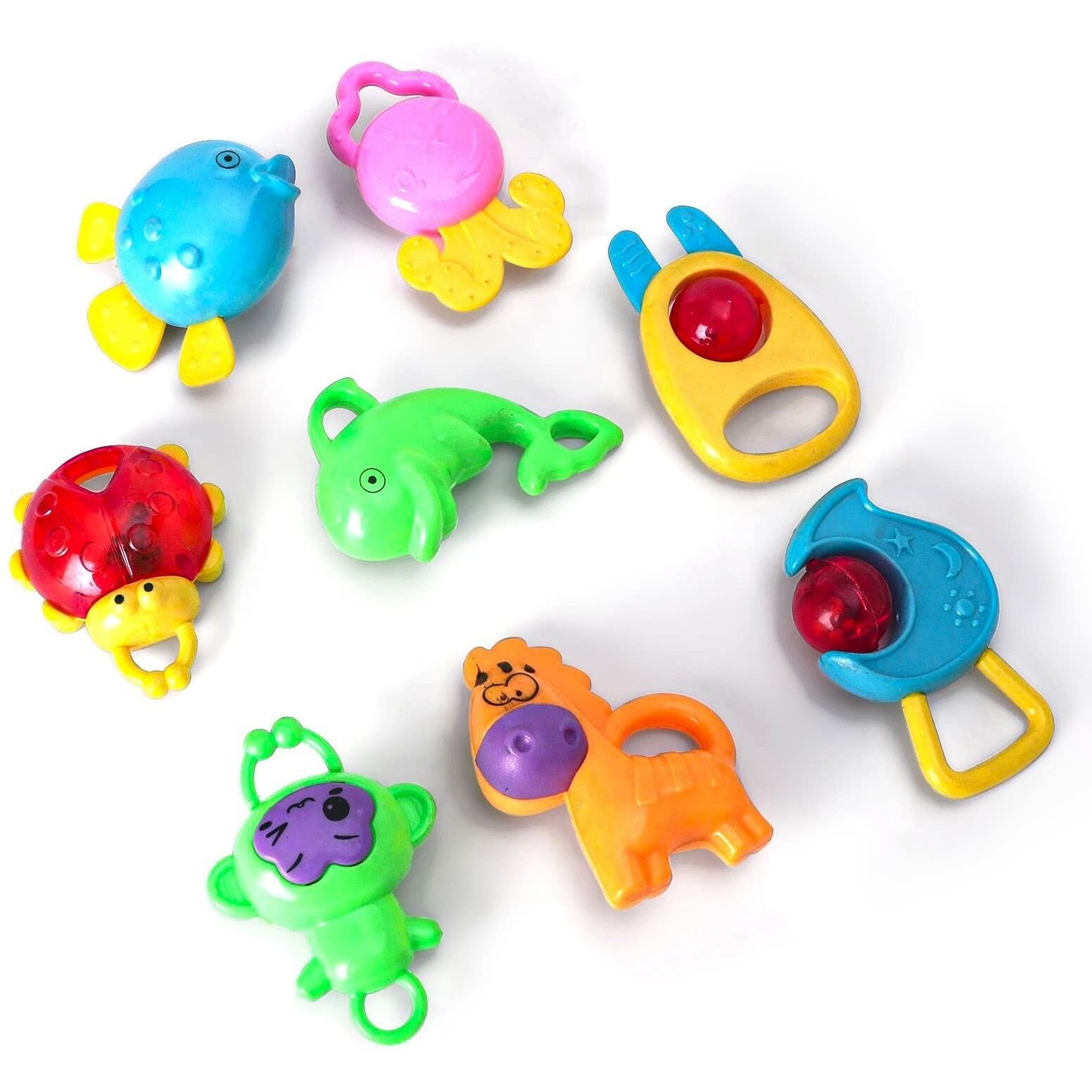 Babygo Rattle Set With Teathers For New Born Babies, Toy For Babies, Non-Toxic - Pack Of 8 (Multi Color)