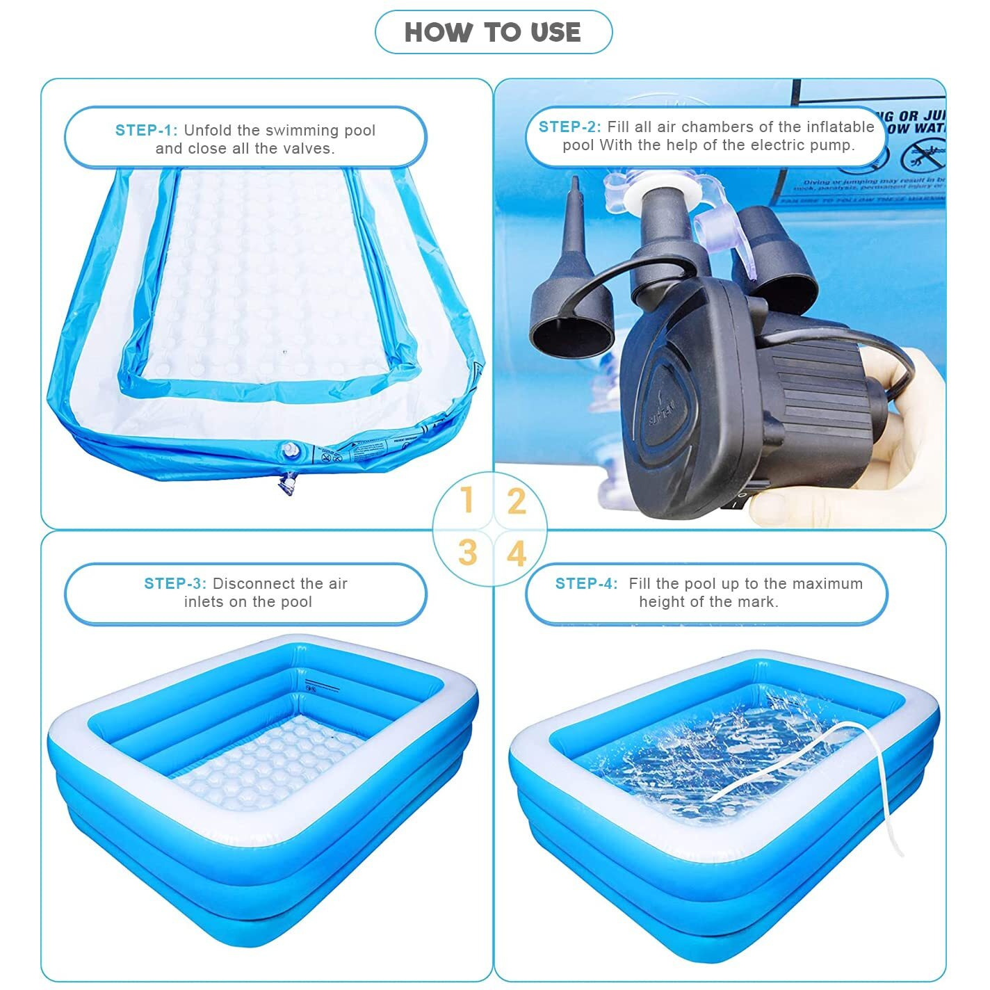 P For Pogu 8.5 Feet Rectangular Inflatable Pool With Electric Pump Full-Sized Swimming With Family Bathtub For Kids Adults Outdoor Backyard Garden Summer Party (Blue)