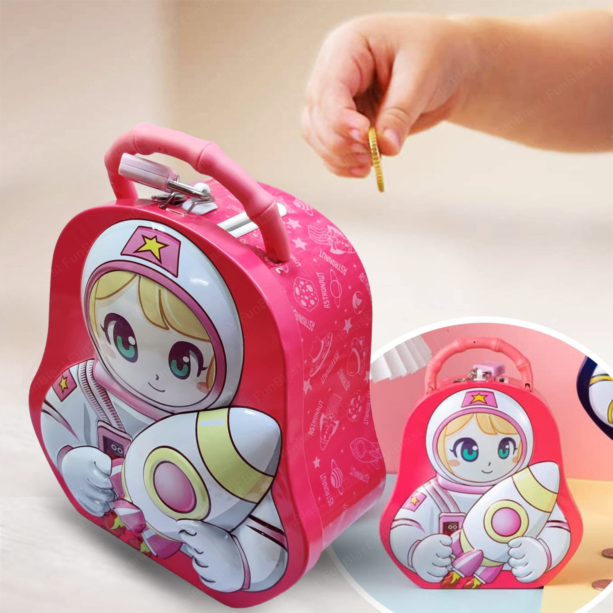 Funblast Piggy Bank For Kids  Space Theme Coin Box, Coin Bank With Lock And Key, Metal Coin Box For Kids, Money Bank, Coin Box For Girls, Birthday Return For Boys & Girls (Pink)