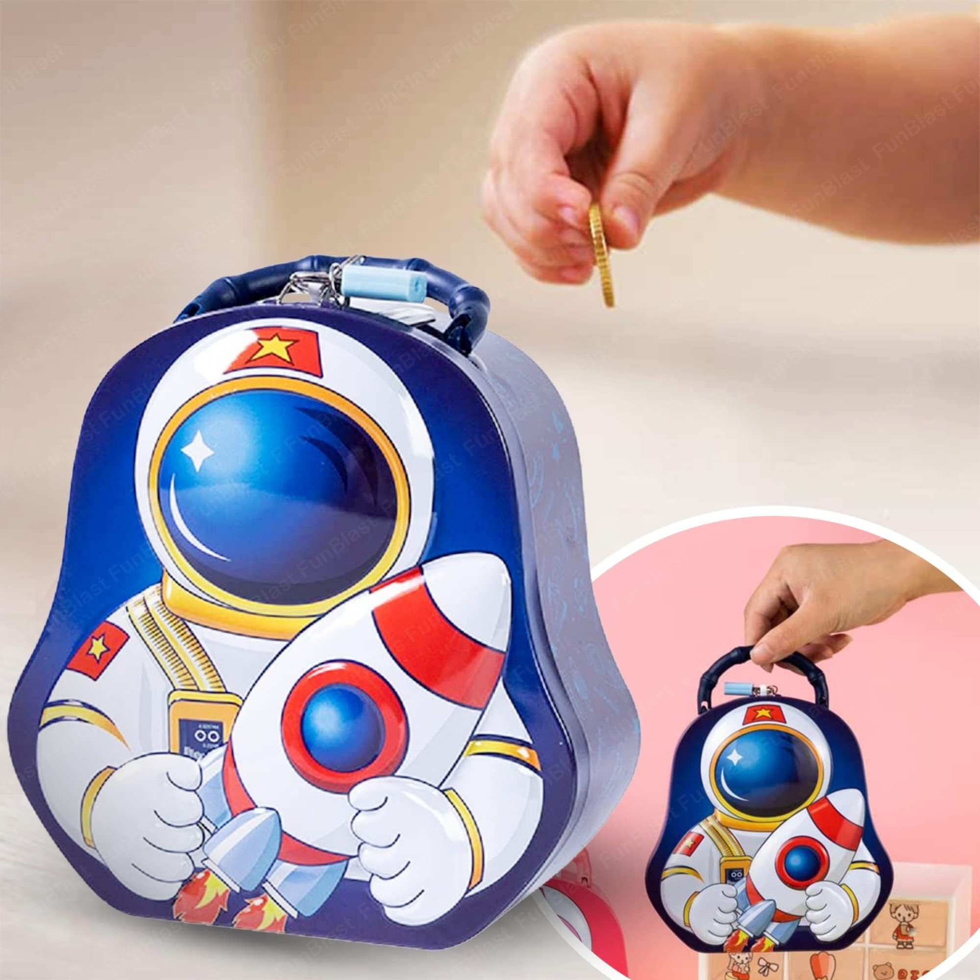 Funblast Piggy Bank For Kids  Space Money Saving Tin Coin Bank With Lock And Key, Metal (Blue), Modern