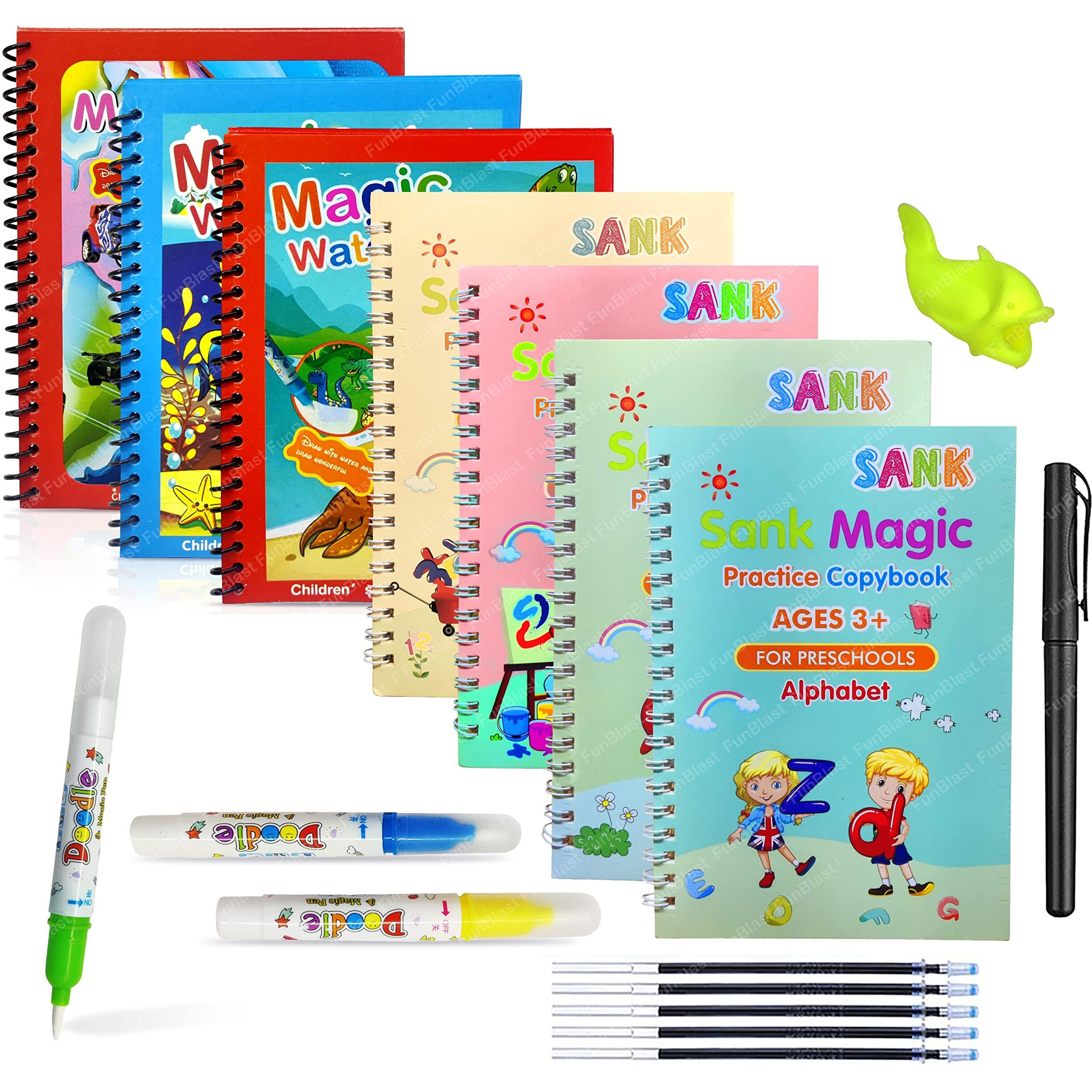 Funblast Magic Water Painting Book With Sank Magic Practice Copybook Combo Kit For Kids  16 Pcs Reusable Water Painting And Hand Lettering Set For Kids, Water Coloring Drawing Sheets For Kids