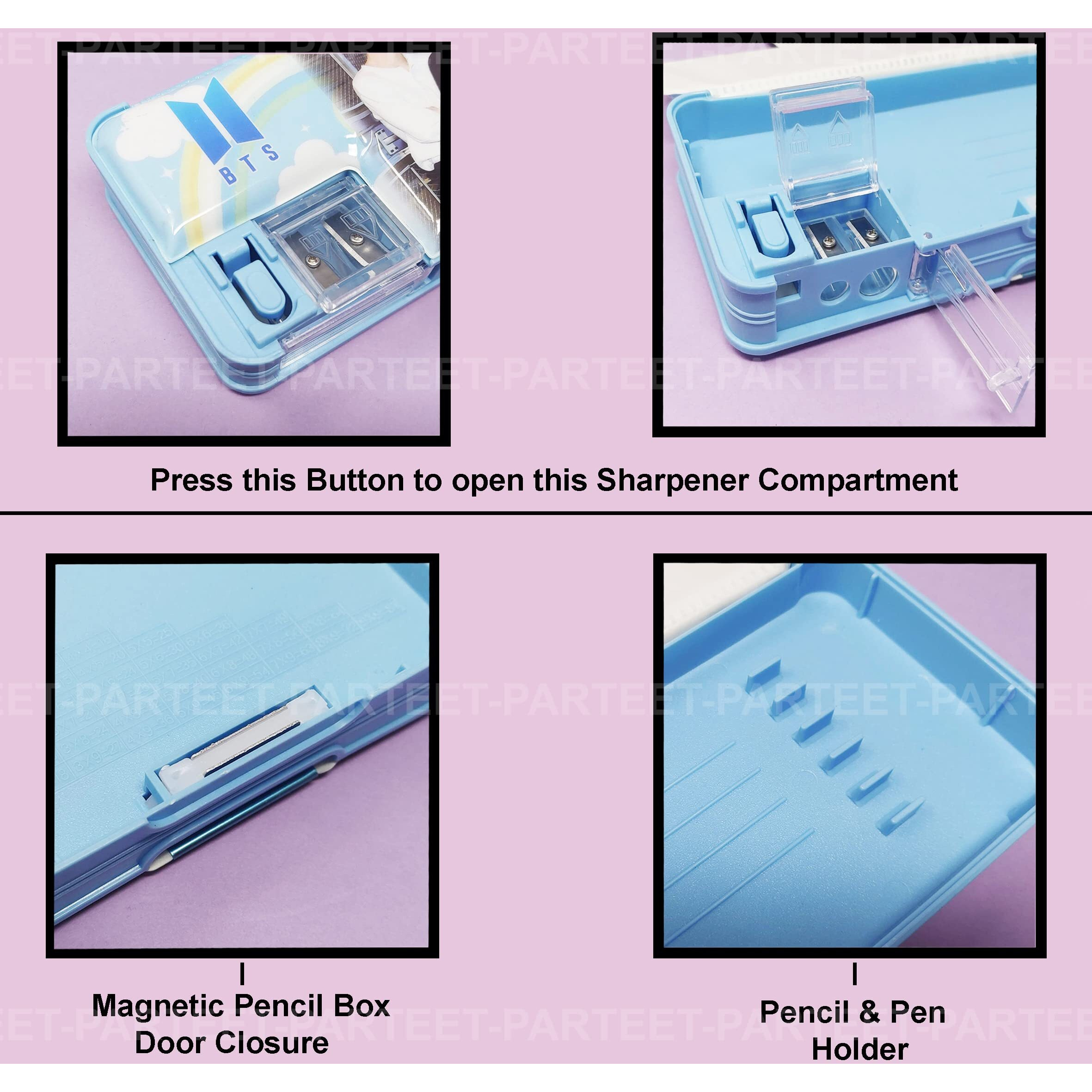 Parteet Magnetic Pencil Box Sharpener, Cartoon Characters Themed Luxury Pencil Case For Kids Stationary Organizer Pencil Box For Girls, Kids, Boys, Return Gift For Kids (Assorted, Plastic, Blue)