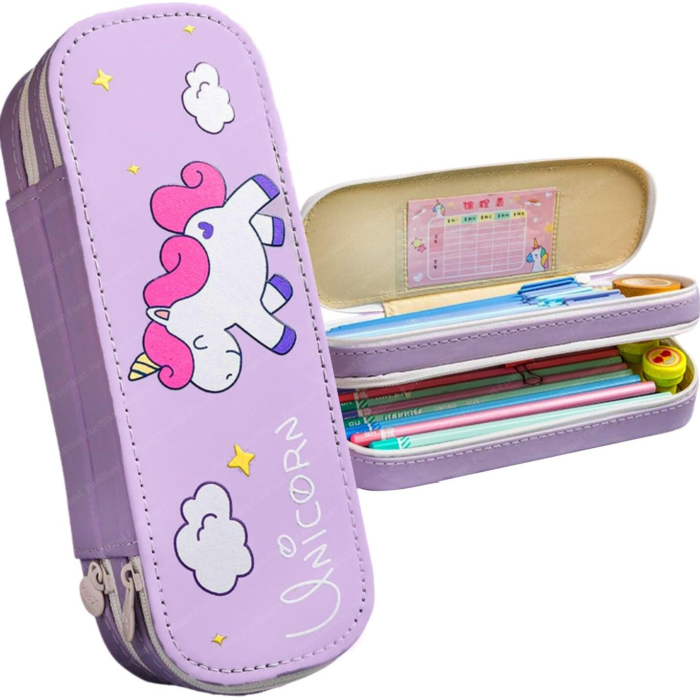 Funblast Fabric Unicorn Pouches For Girls, Multi-Purpose Zipper Pouch Case For School Kids, Stationary Organizer Box, Aesthetic Pencil Case For School & College Students (Purple)
