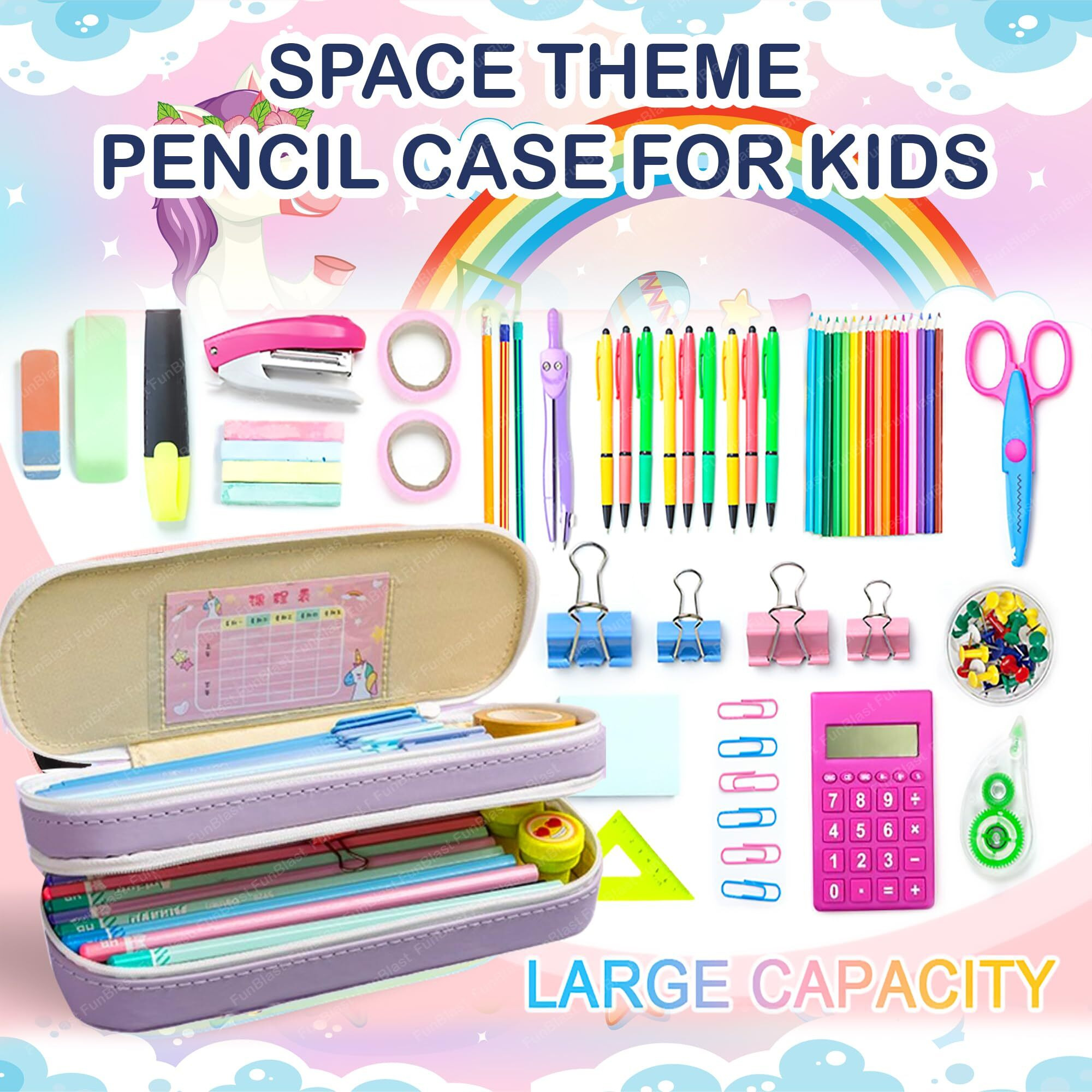 Funblast Fabric Unicorn Pouches For Girls, Multi-Purpose Zipper Pouch Case For School Kids, Stationary Organizer Box, Aesthetic Pencil Case For School & College Students (Purple)