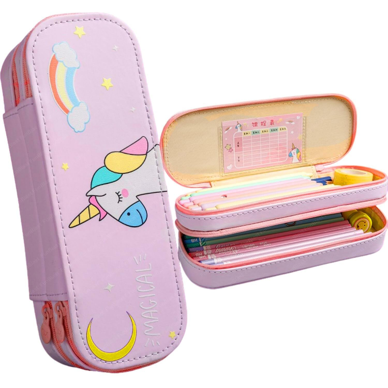 Funblast Unicorn Pouches For Girls - Multi-Purpose Zipper Pouch Case For School Kids, Stationary Organizer Box, Aesthetic Pencil Case For School & College Students (Pink) Canvas