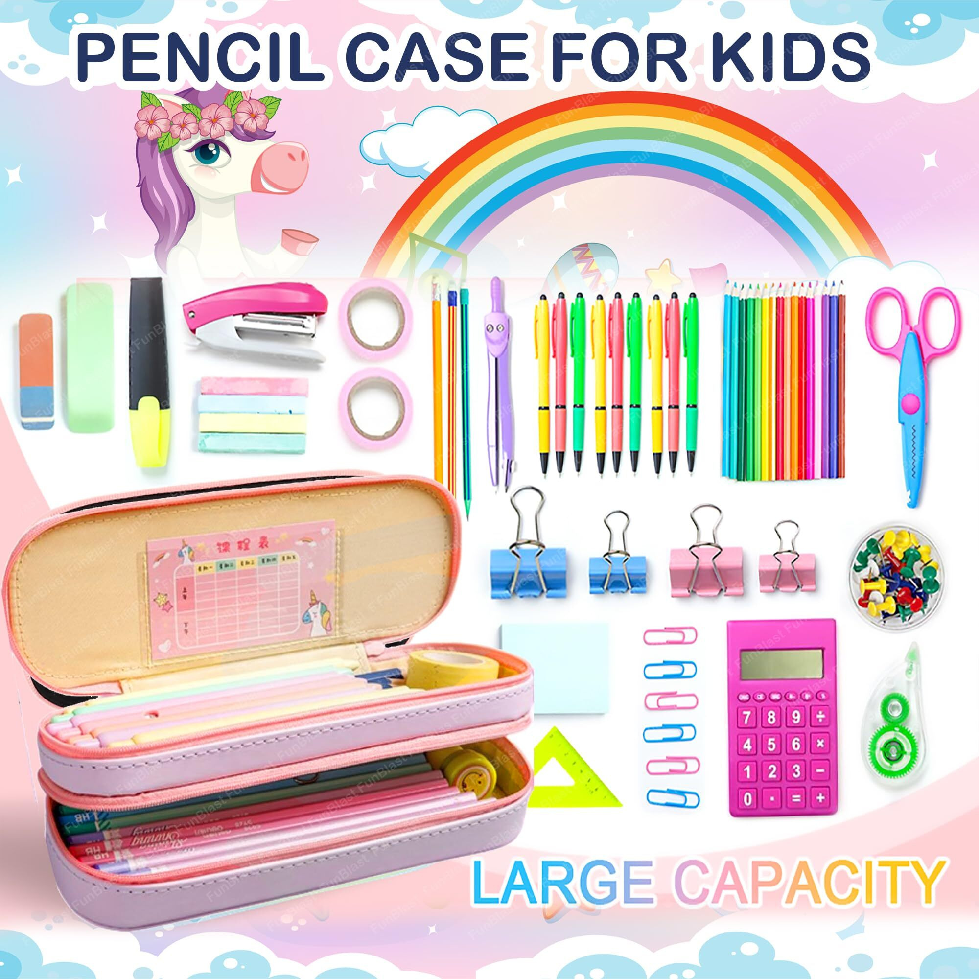 Funblast Unicorn Pouches For Girls - Multi-Purpose Zipper Pouch Case For School Kids, Stationary Organizer Box, Aesthetic Pencil Case For School & College Students (Pink) Canvas