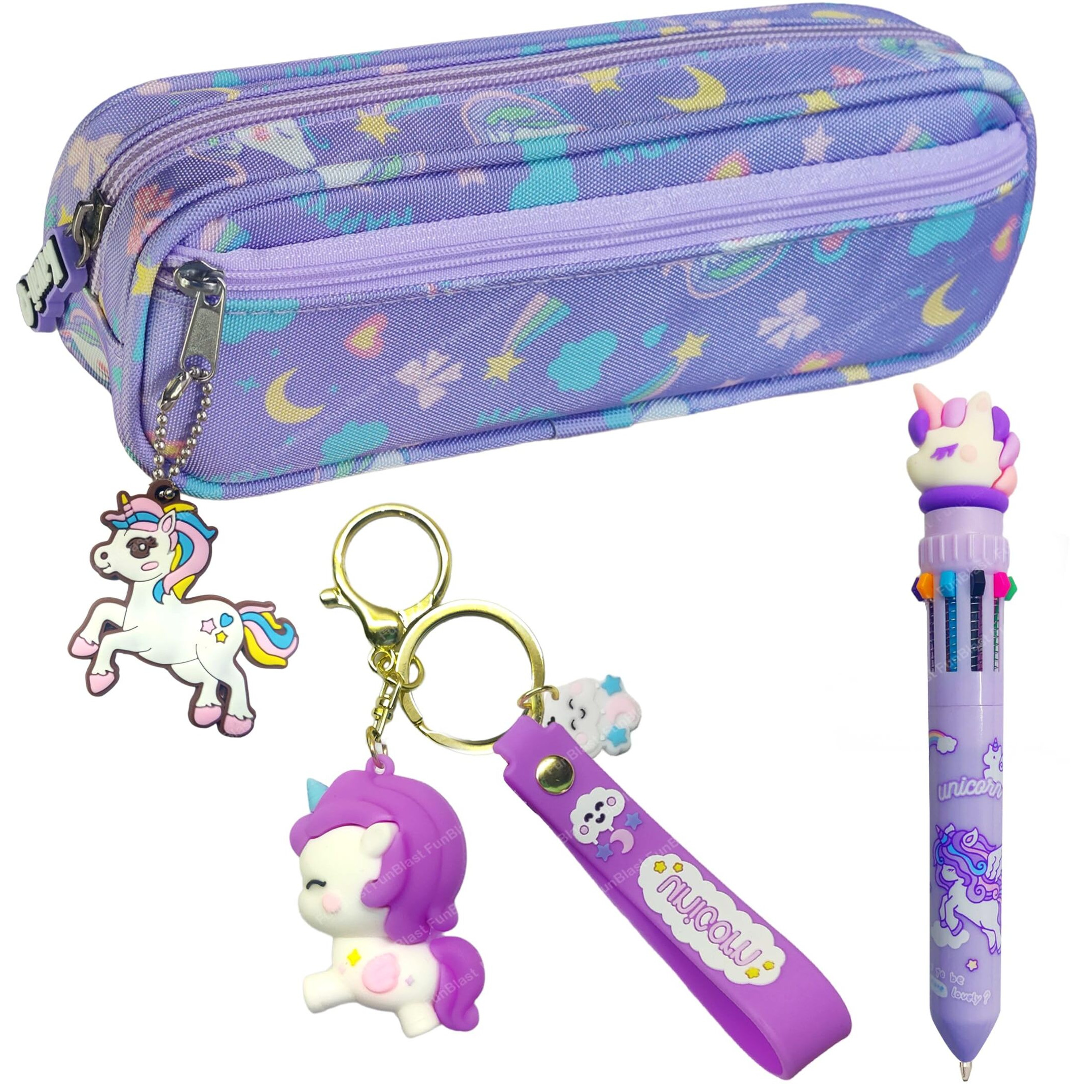 Funblast Pencil Pouches For Girls - Pack Of 3 Pcs Unicorn Gifts, Combo Of Pencil Case, 10 Color Pen & Key Ring, Kawaii Stationary Set, Combo Gift Set, Birthday Gift Items (Purple)