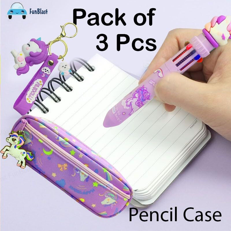 Funblast Pencil Pouches For Girls - Pack Of 3 Pcs Unicorn Gifts, Combo Of Pencil Case, 10 Color Pen & Key Ring, Kawaii Stationary Set, Combo Gift Set, Birthday Gift Items (Purple)
