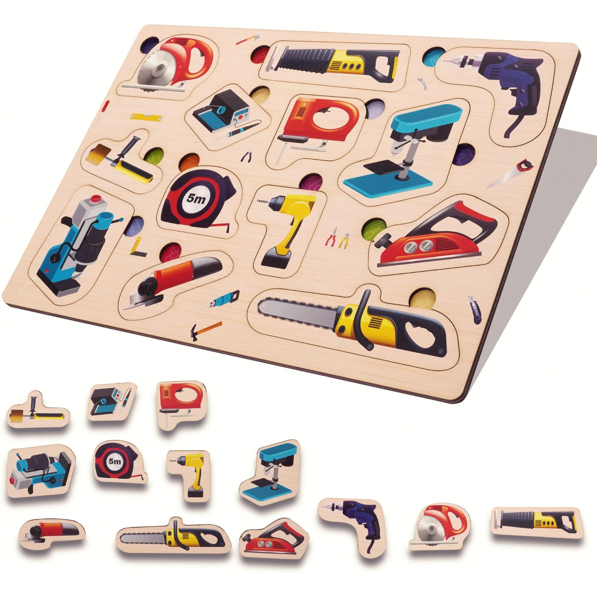 Wooden Puzzle Power Tools Wooden Puzzles For Toddlers Jigsaw Puzzles Realistic Educational Game For Boy And Girl Preschool Educational Pegged Knob Puzzle Toy Learning Body Parts For Toddlers Puzzle