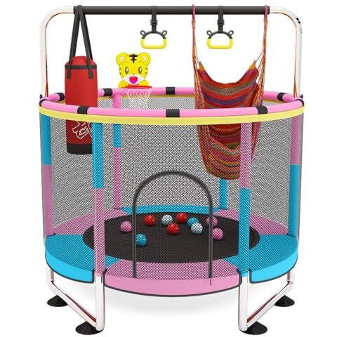 Staranddaisy 4 In 1 Trampoline With Safety Net, Pull Up Handle, Boxing Bag & Swing For Kids Girl & Boy Indoor & Outdoor Play (Pink & Blue)