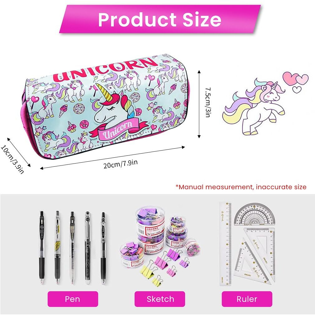Fancyku Unicorn Pencil Case - Unicorn Stationery Organizer With Large Capacity, Dual Layer Design And Fun Cartoon Print - Gift For Kids, And Students - Ideal For School, Office, Or Travel