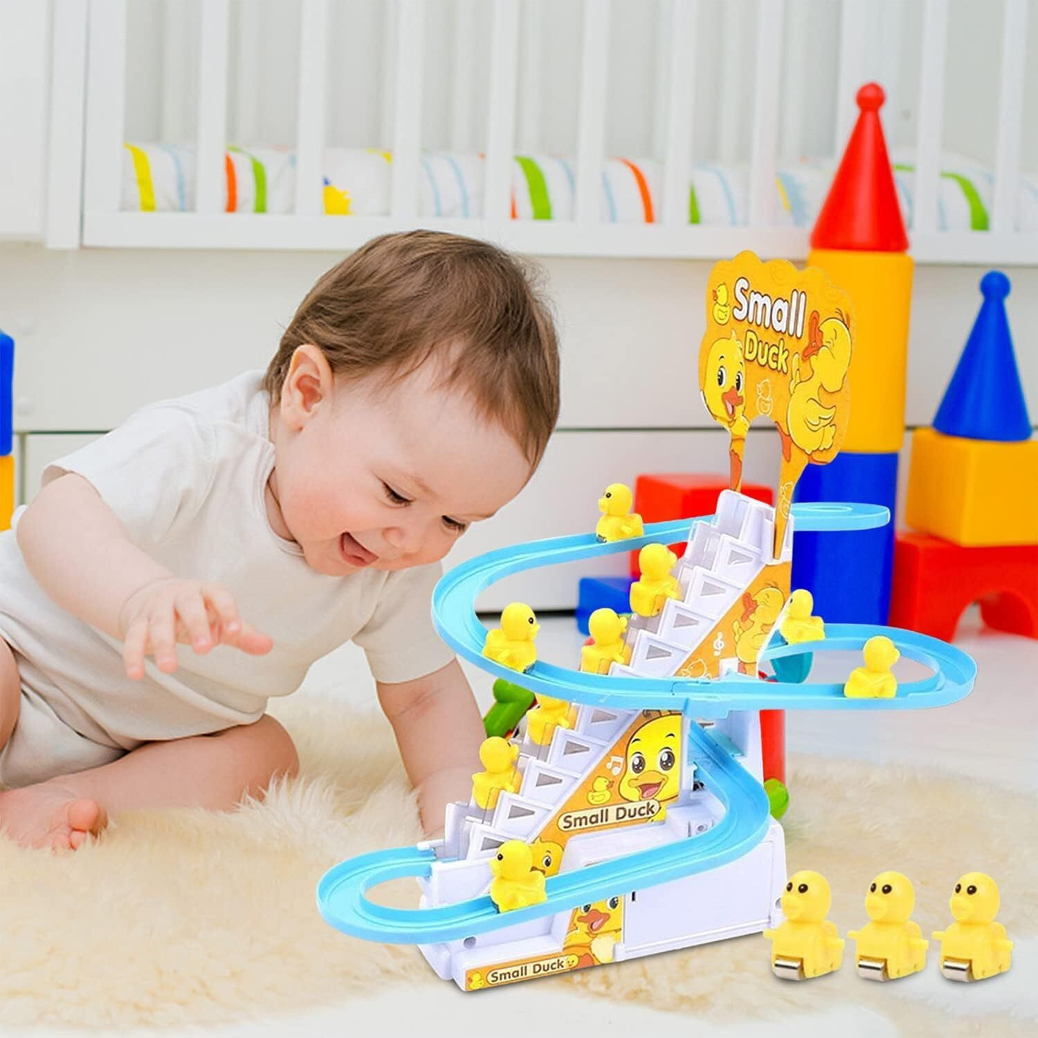 Barepepe Small Ducks Climbing Toys, Electric Ducks Chasing Race Track Game Set, Playful Roller Coaster Toy With 3 Duck Music Button, Fun Duck Stair Climbing Toy For Toddlers And Kids