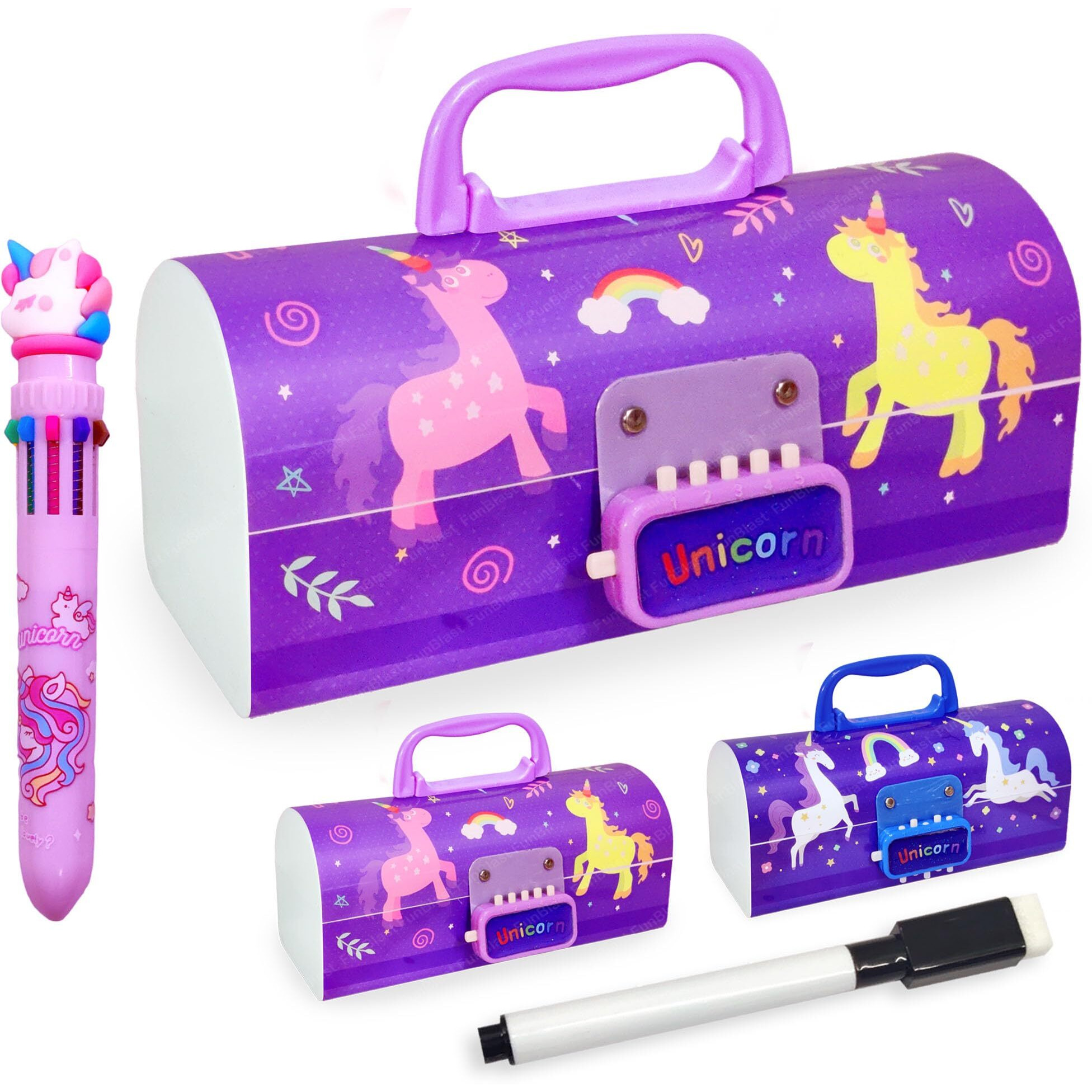 Funblast Kids Pen & Pencil Box Suitcase Style With Password Lock, Multi-Layer Case For Boys, Girls, Unicorn Design 10 In 1 (Random Color-B, Polypropylene, Multicolor)