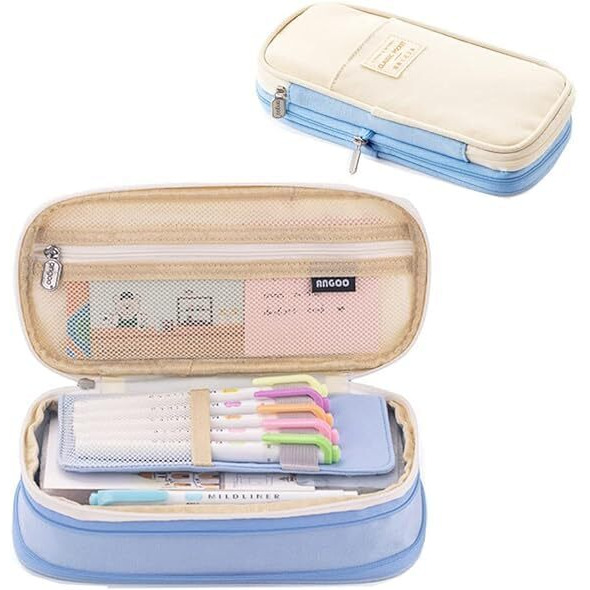 Sgmvk Linen Pencil Case Aesthetic Special Cute Pencil Pouch Girls Stylish Pencil Pouches Stationary Boys Pouch School College Students Multifunctional Aesthetic Pencil Case Kids (Light Blue)