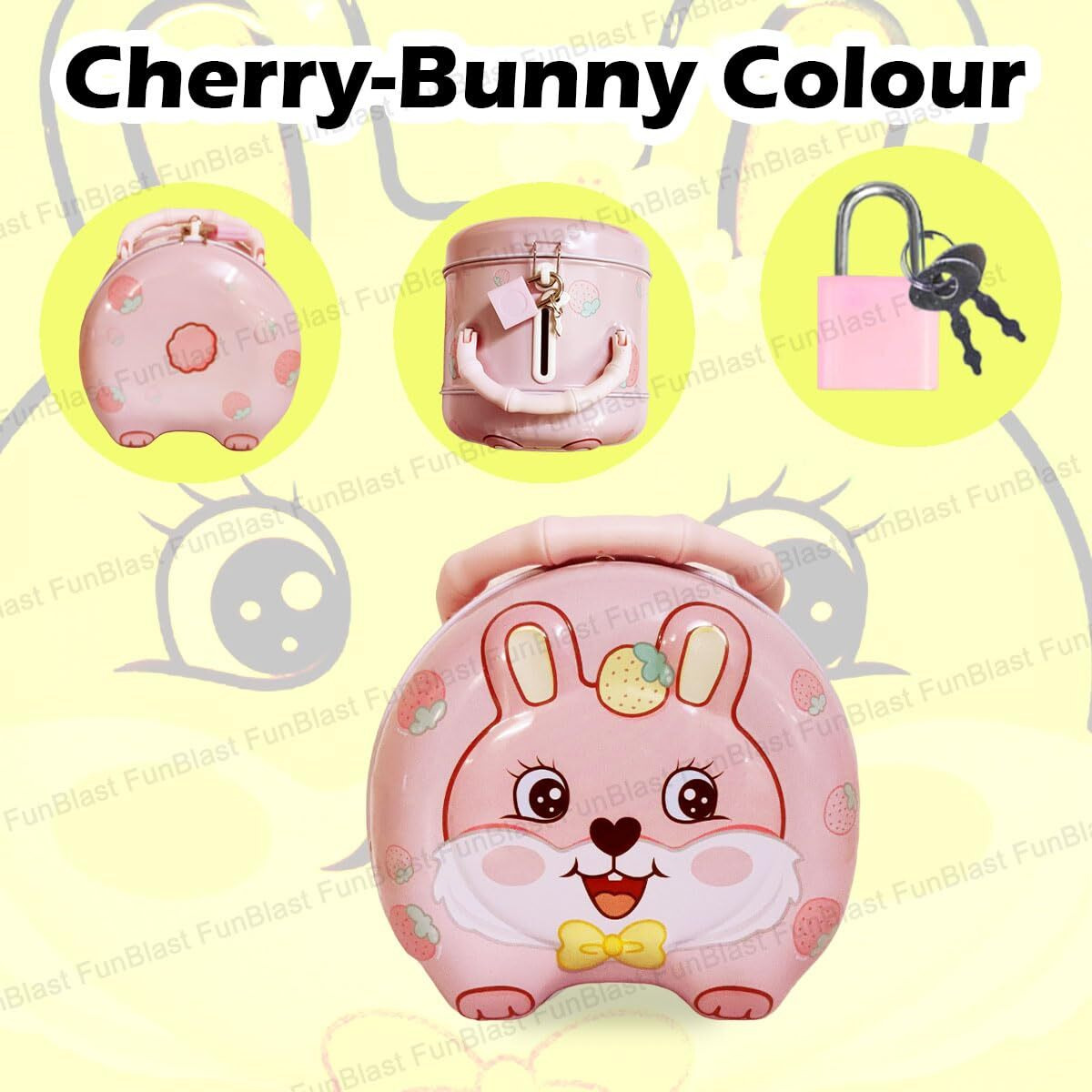Funblast Piggy Bank For Kids  Bunny Shaped Coin Box, Money Saving Metal Coin Bank With Key And Lock For Kids, Money Bank For Kids, Gullak For Money Bank For Kids, Return Gift For Kids (Cherry-Bunny)