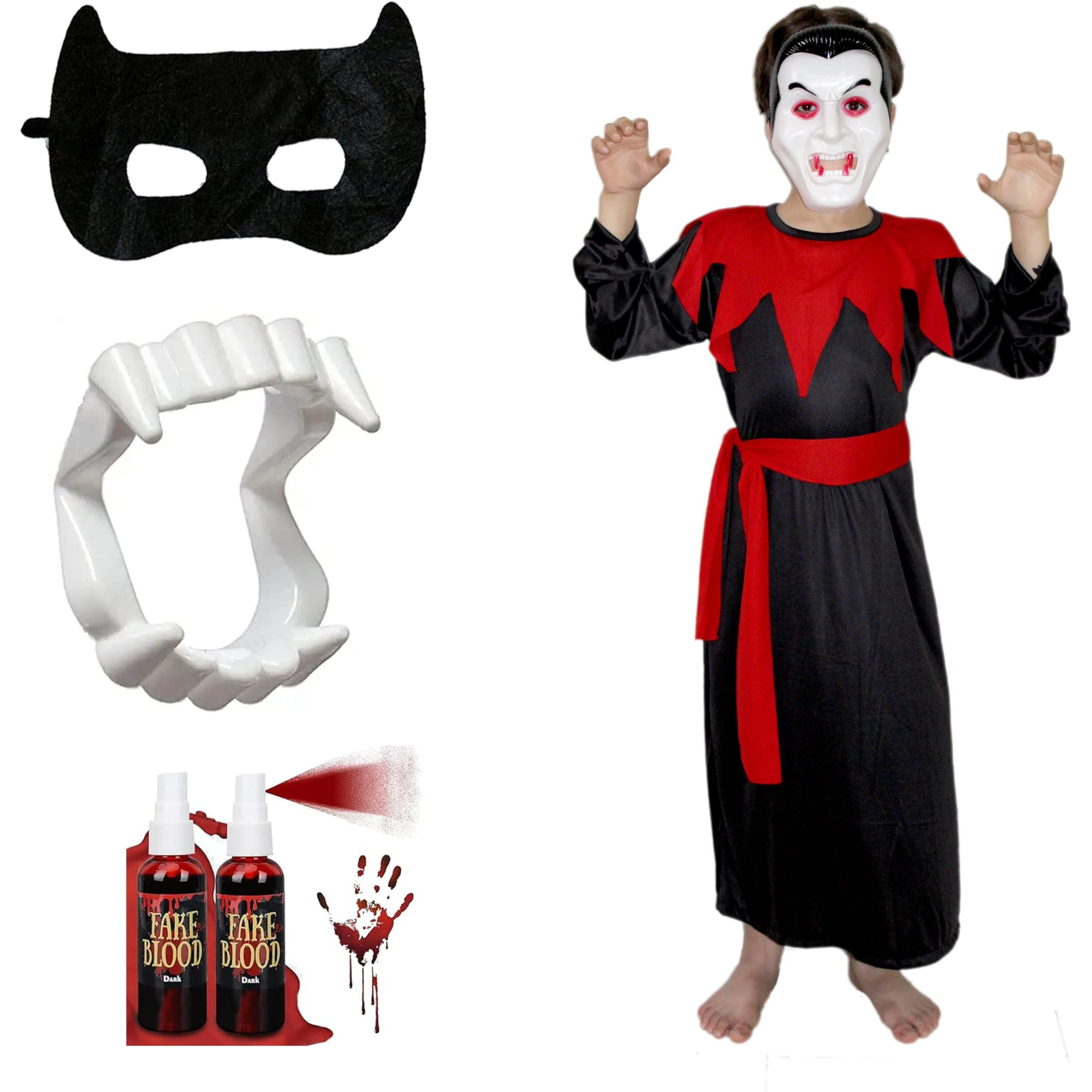 Kaku Fancy Dresses Polyester Scary Dracula Costume With Vampire Teeth, Face Mask & Fake Blood For Kids Halloween Costume Party,Black
