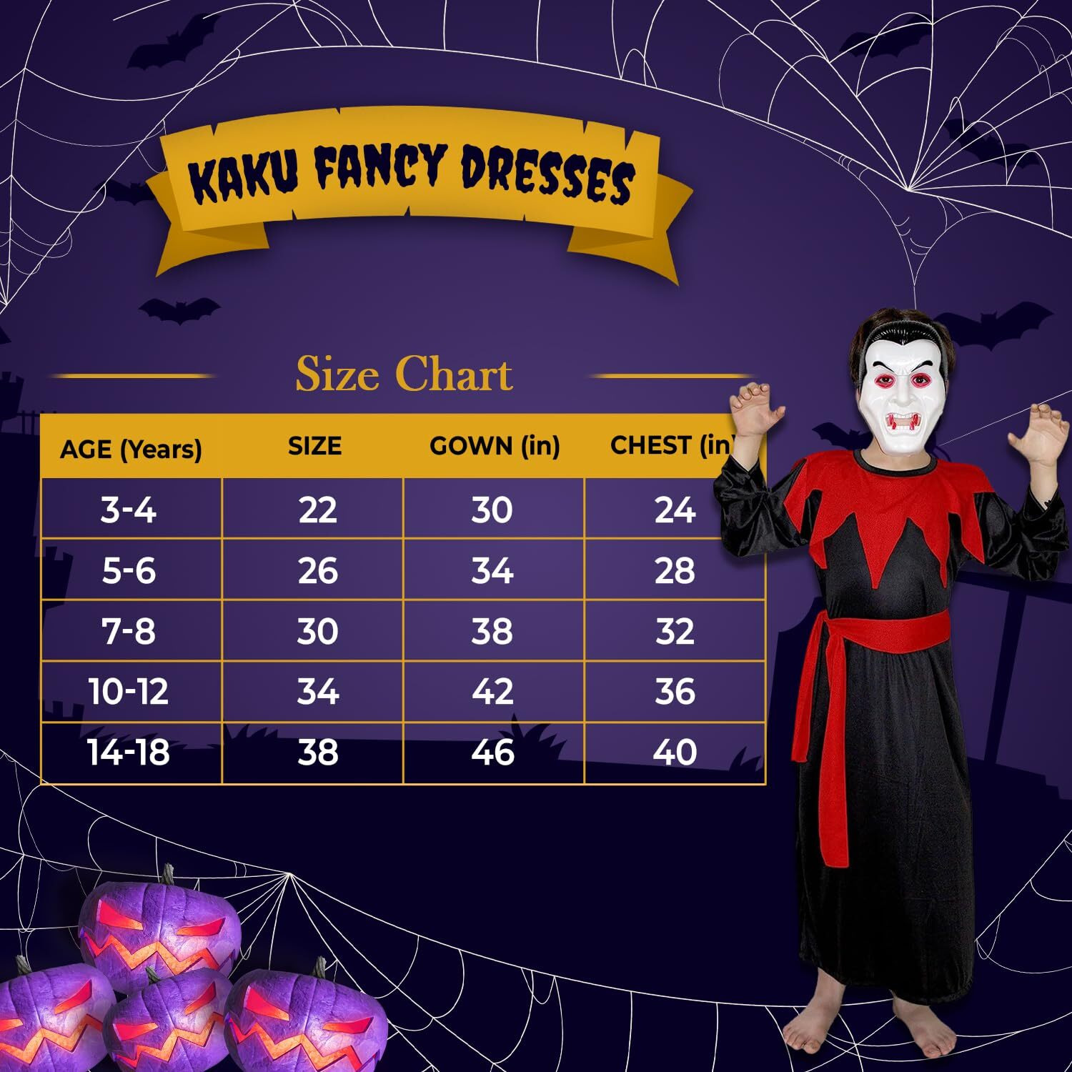 Kaku Fancy Dresses Polyester Scary Dracula Costume With Vampire Teeth, Face Mask & Fake Blood For Kids Halloween Costume Party,Black