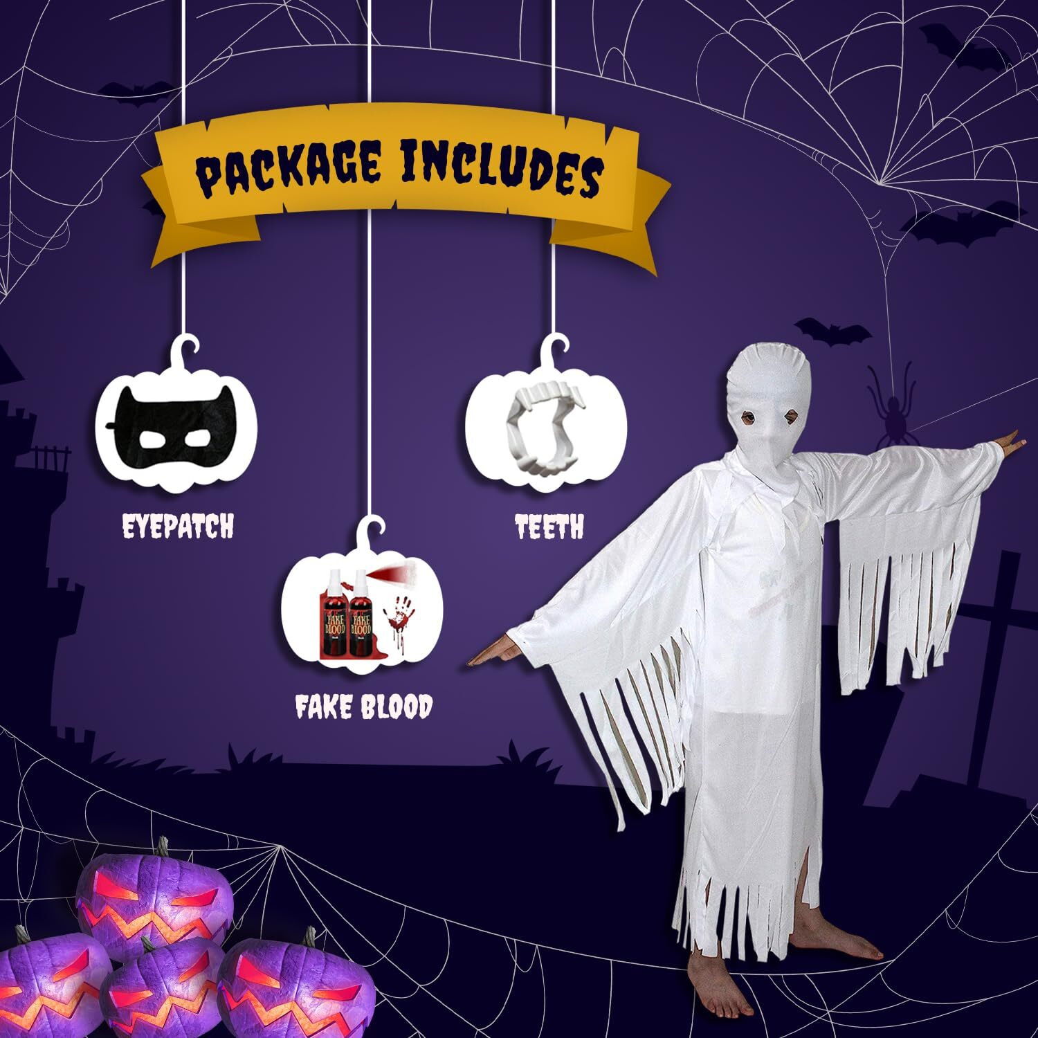 Kaku Fancy Dresses Polyester Spooky White Ghost Dress For Kids With Vampire Teeth, Face Mask, & Fake Blood, Halloween Theme Party Prop
