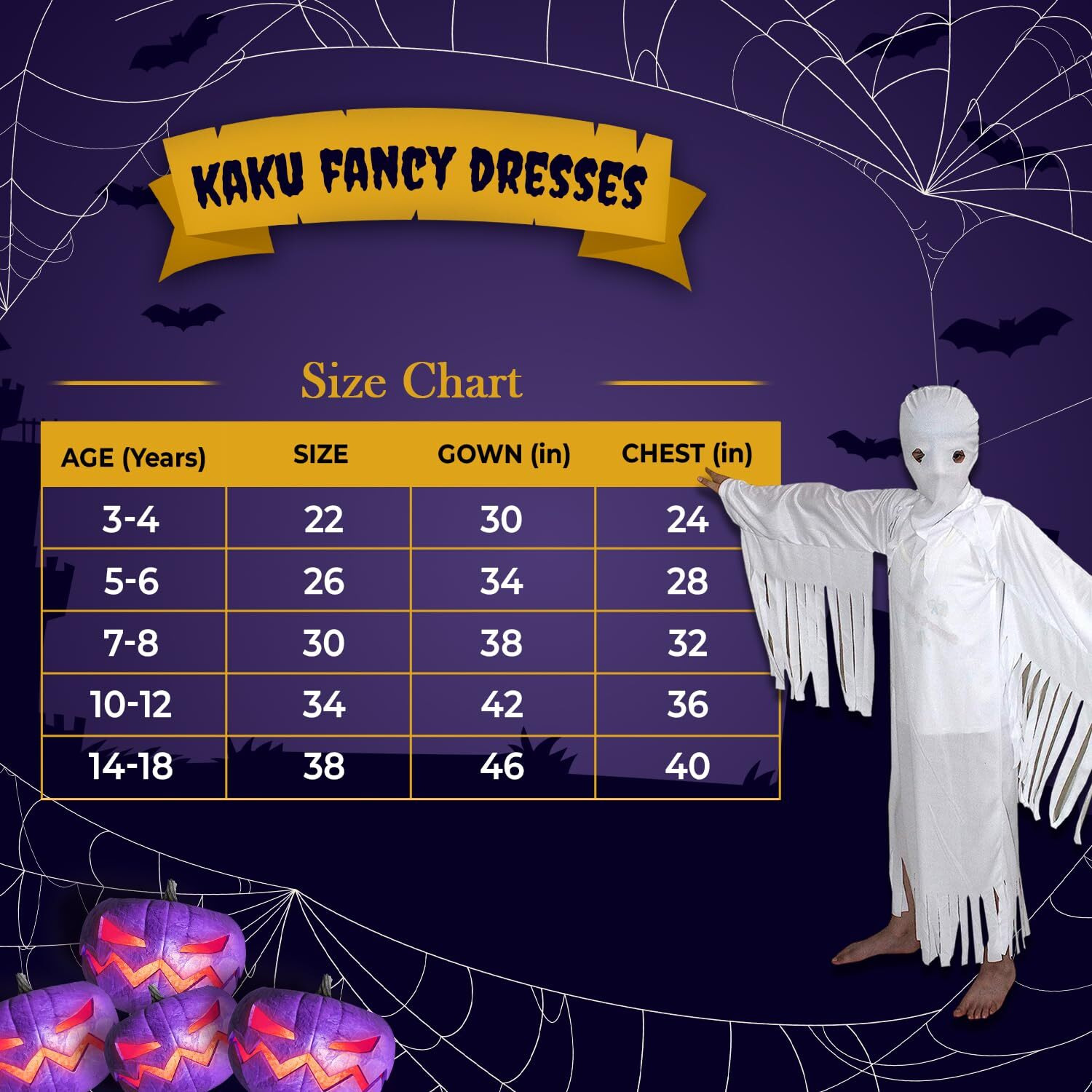 Kaku Fancy Dresses Polyester Spooky White Ghost Dress For Kids With Vampire Teeth, Face Mask, & Fake Blood, Halloween Theme Party Prop