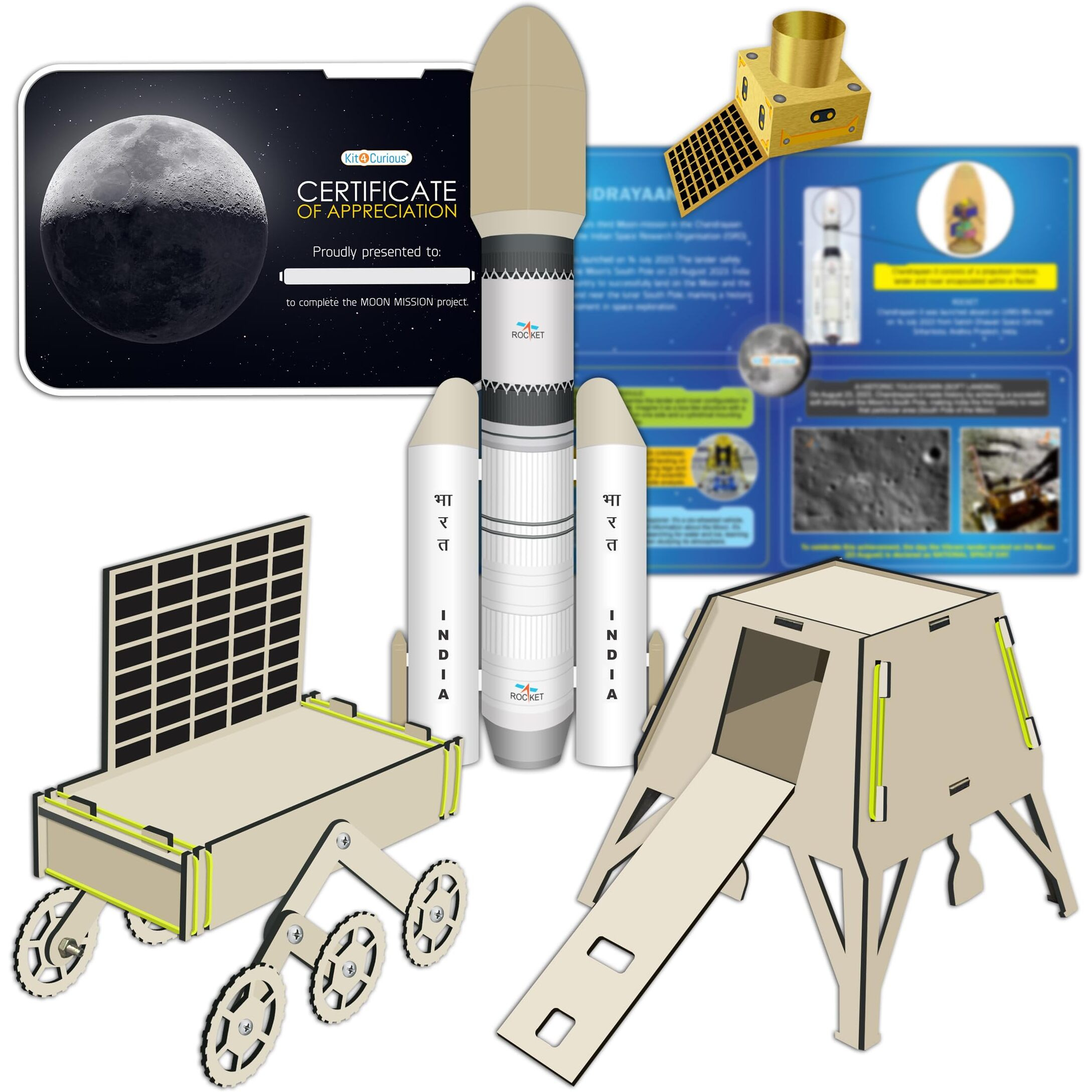 Kit4Curious Chandrayaan-3 Moon Mission Wooden Models  Rocket, Lander, Rover, Propulsion Module Making Kit  Showpiece