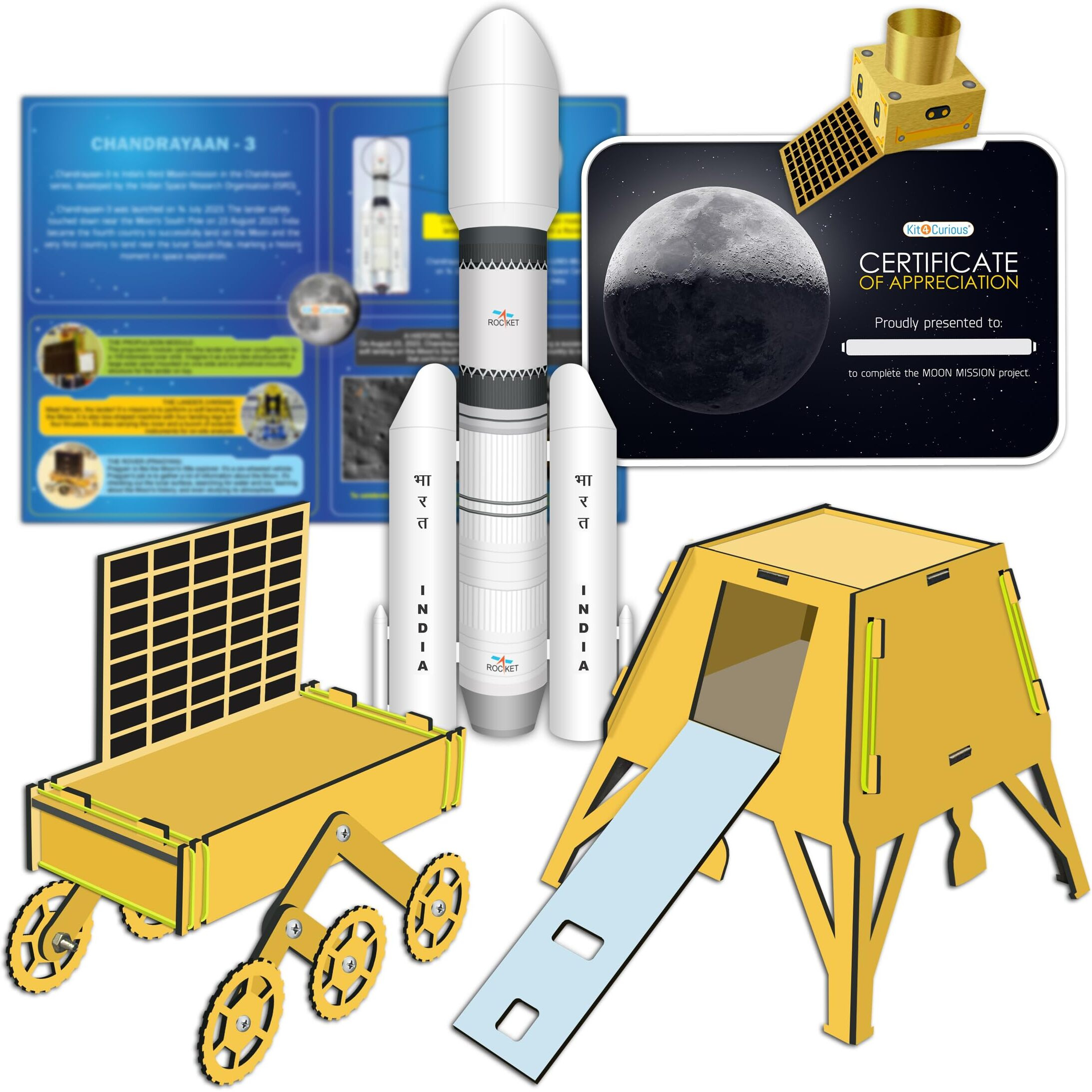 Kit4Curious Chandrayaan-3 Golden Acrylic Models  Rocket, Lander, Rover, Propulsion Module Making Kit  Real Looking Moon Mission Showpiece  Space Astronaut Gift Toy For 5-14 Yrs