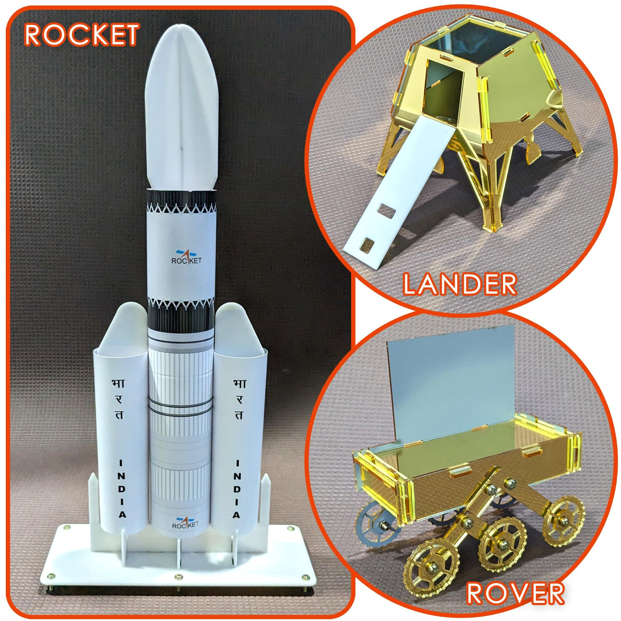 Kit4Curious Chandrayaan-3 Golden Acrylic Models  Rocket, Lander, Rover, Propulsion Module Making Kit  Real Looking Moon Mission Showpiece  Space Astronaut Gift Toy For 5-14 Yrs