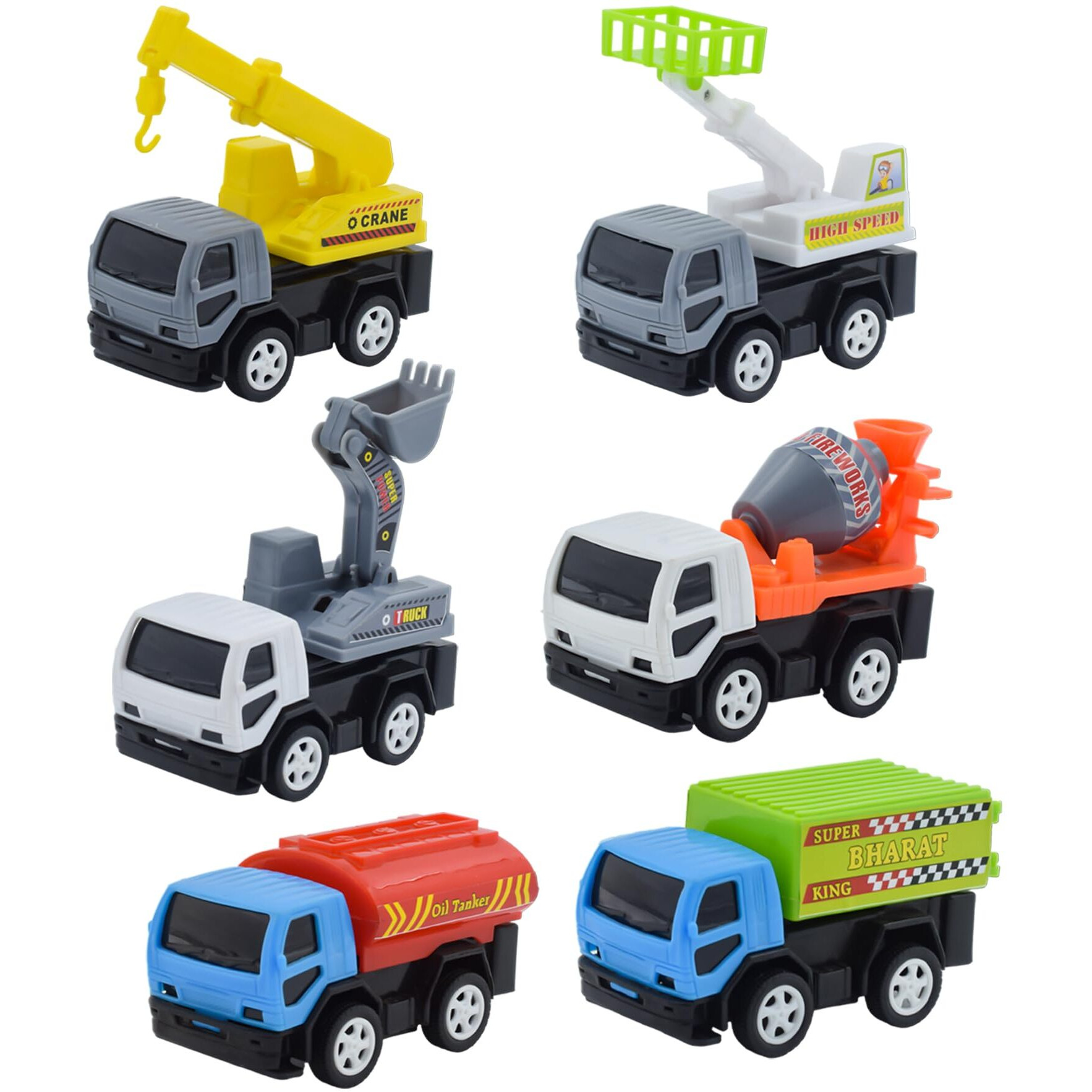 Vrooms & Wheels Plastic Push And Go Construction Truck Set, Friction Powered Construction Trucks Excavator, Moveable Parts, Non-Toxic Plastic, Multicolor, 3+ Years (Set Of 6)