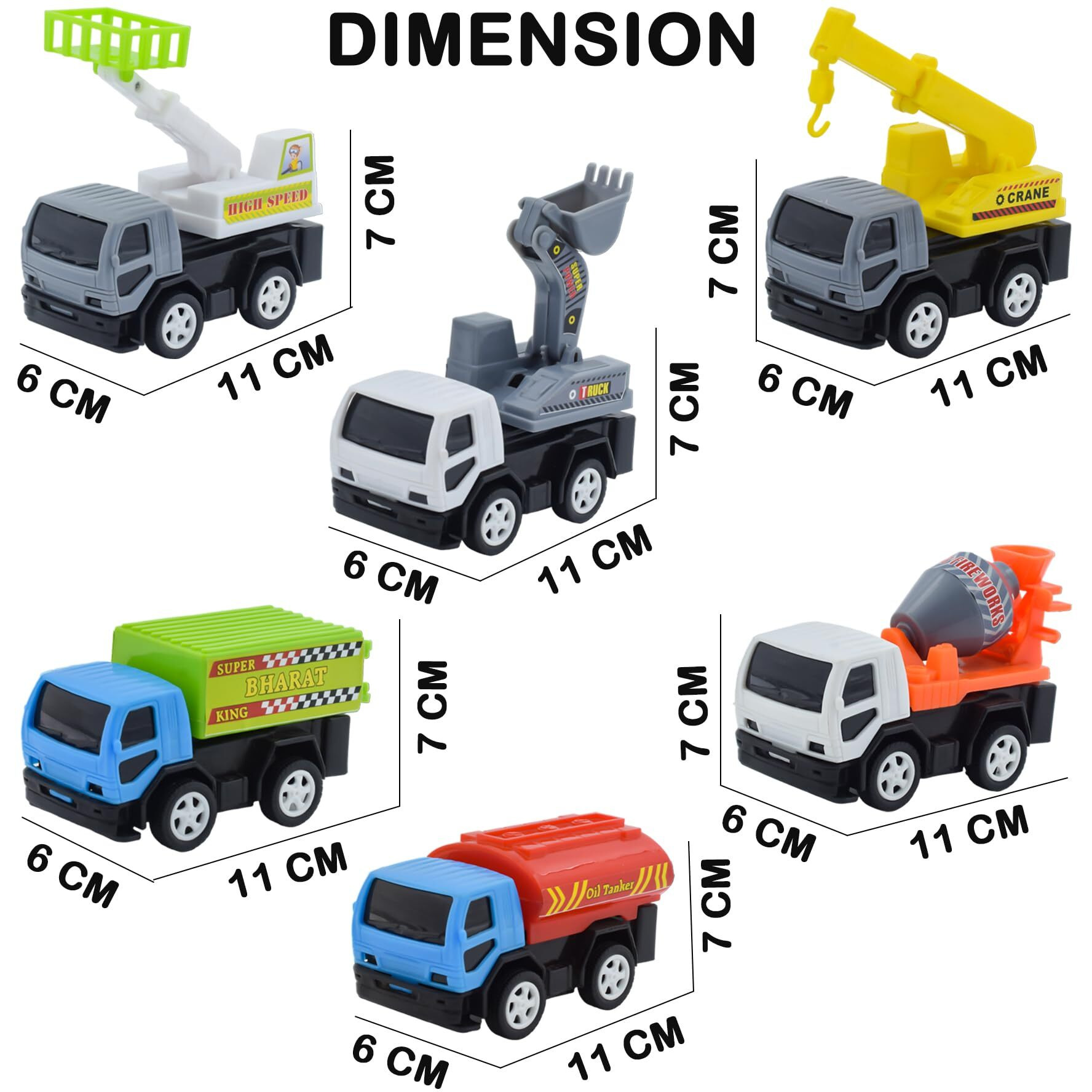 Vrooms & Wheels Plastic Push And Go Construction Truck Set, Friction Powered Construction Trucks Excavator, Moveable Parts, Non-Toxic Plastic, Multicolor, 3+ Years (Set Of 6)