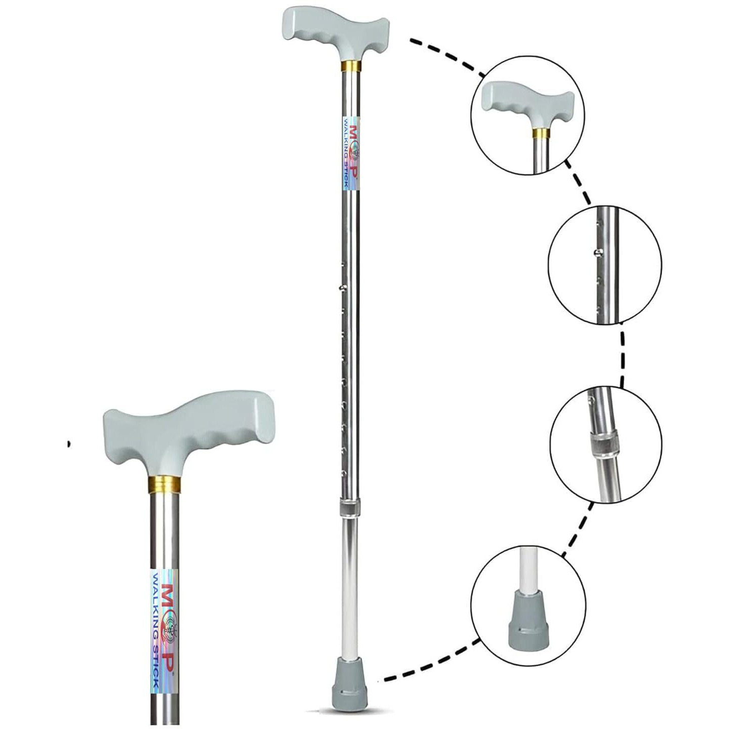 Mcp Jindal Premium Height Adjustable Walking Stick Aluminium Cane Trekking Support Stick For Men, Women & Old People (Silver)