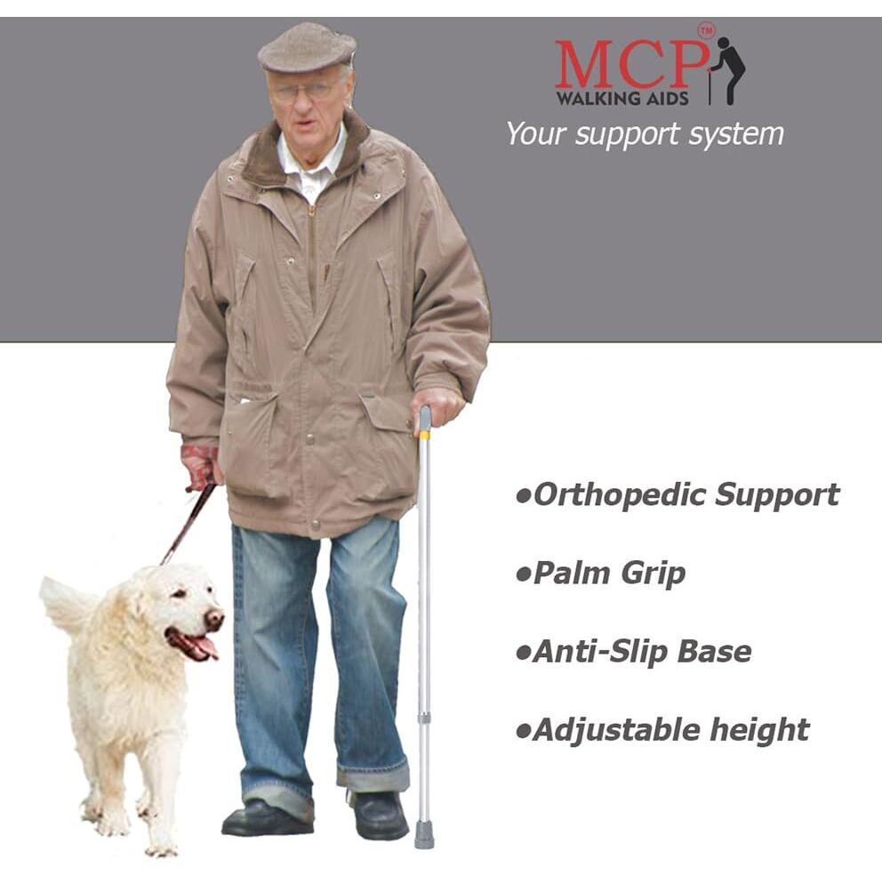 Mcp Jindal Premium Height Adjustable Walking Stick Aluminium Cane Trekking Support Stick For Men, Women & Old People (Silver)