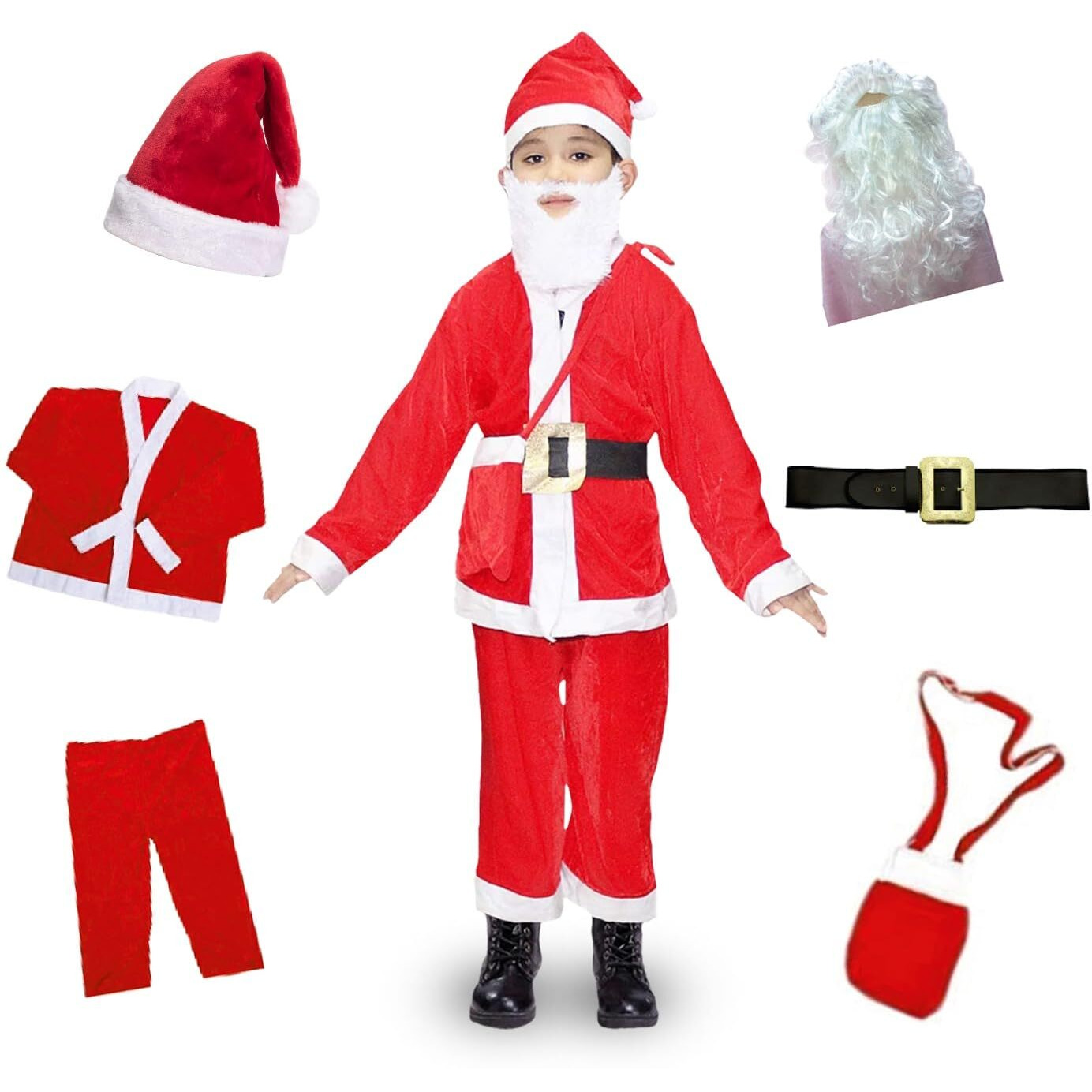 Kaku Fancy Dresses Santa Clause Christmas Day Costume In Velvet Fabric With Cap, Belt, Beard And Bag - Red & White, 16-17 Years, For Boy's