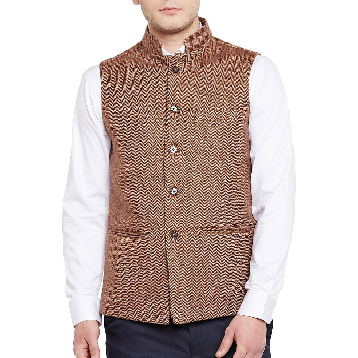 Wintage Men's Wool Blend Grandad Nehru Jacket Vest Waistcoat Brown