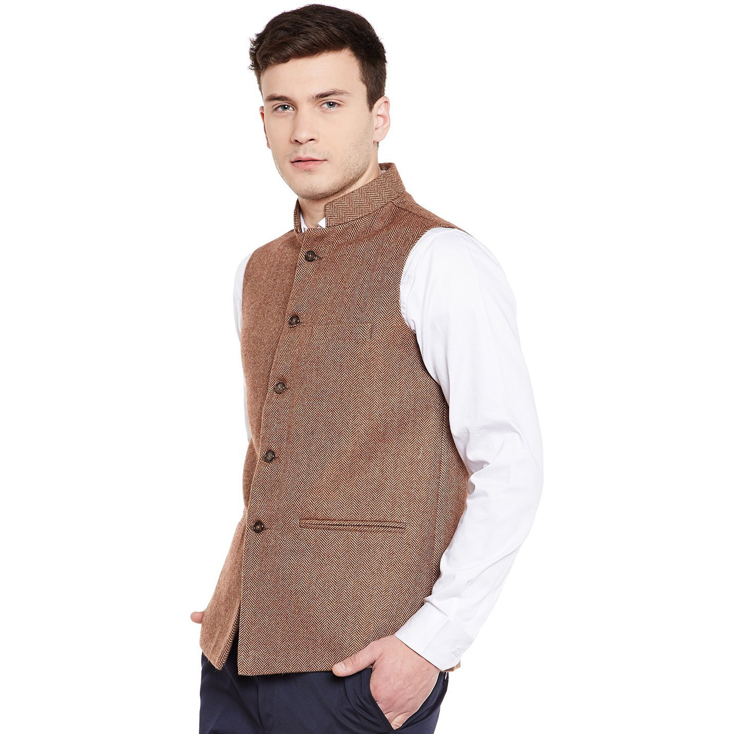 Wintage Men's Wool Blend Grandad Nehru Jacket Vest Waistcoat Brown
