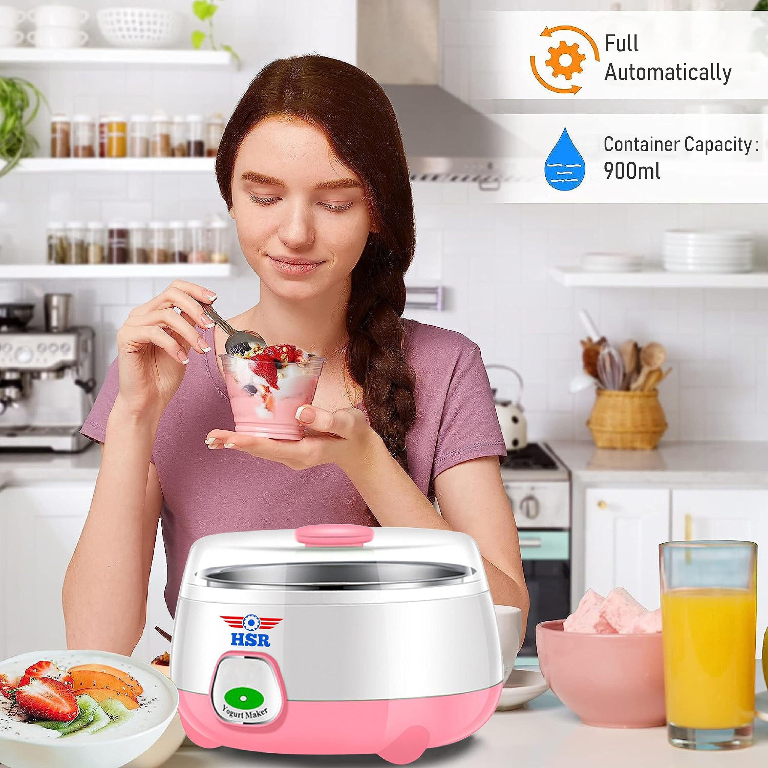 Hsr Plastic And Stainless Steel Automatic Yogurt Maker (Size 170X170X120Mm, Bowl/Container Capacity 900Ml)